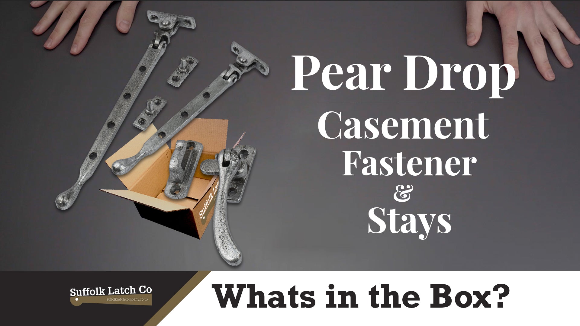 What's I The Box: Pewter Pear Drop Window Fastener & Stays