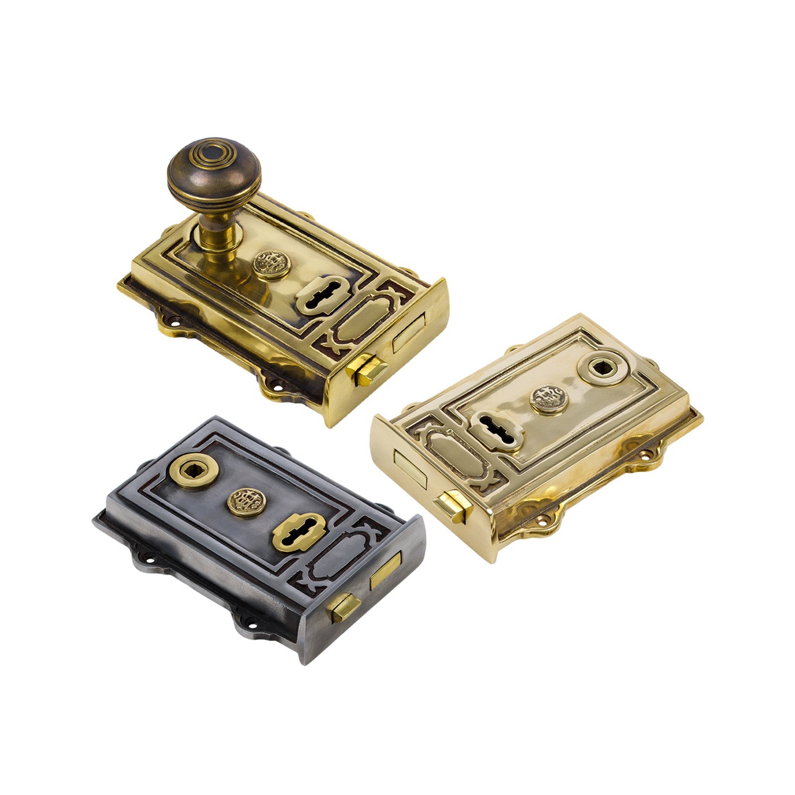 Ornate Davenport reversible rim locks in 3 different finishes, available with matching door knob sets.