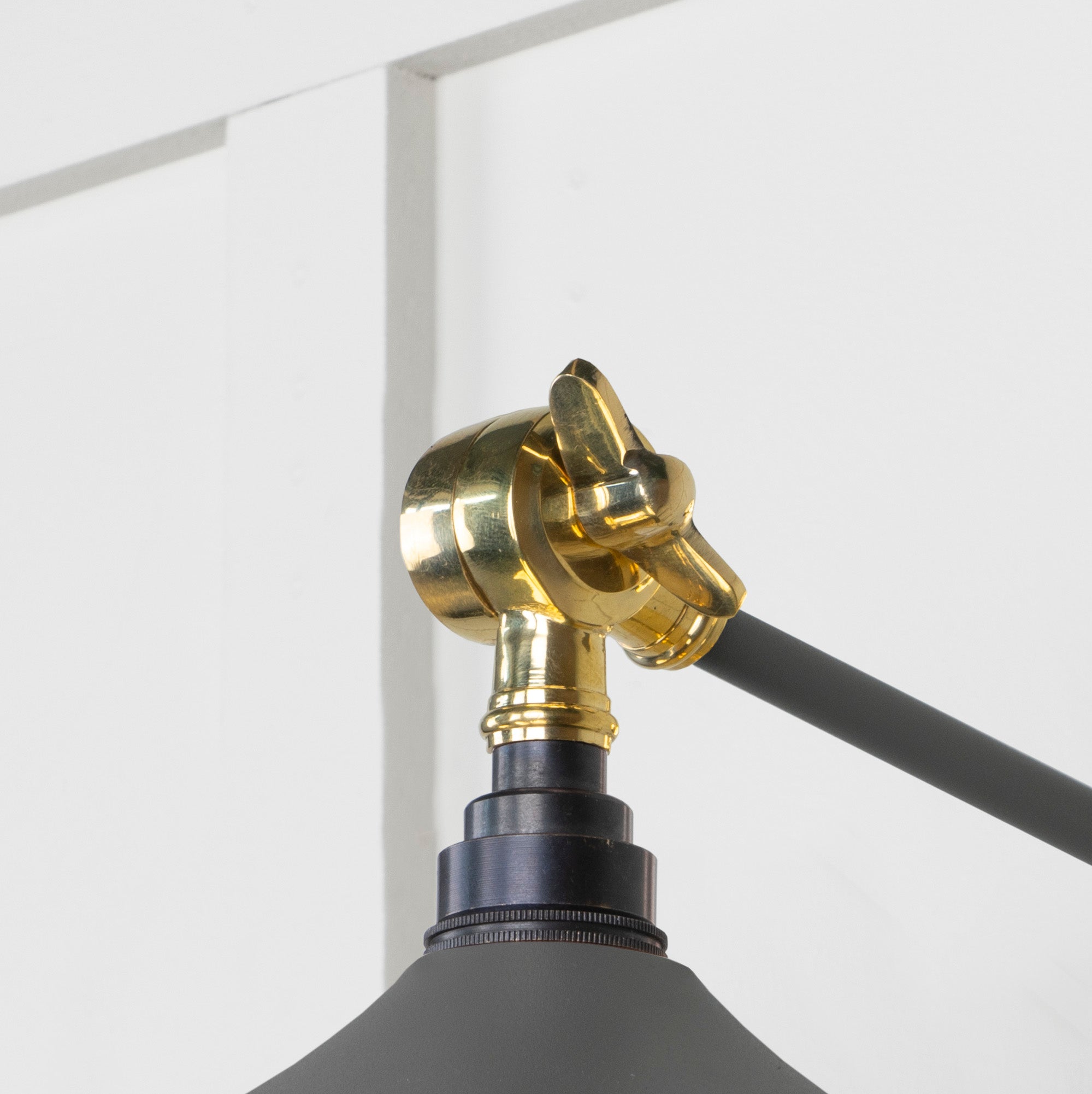 SHOW Close Up Image of Flora Wall Light Hinge in Bluff with Polished Brass Finish