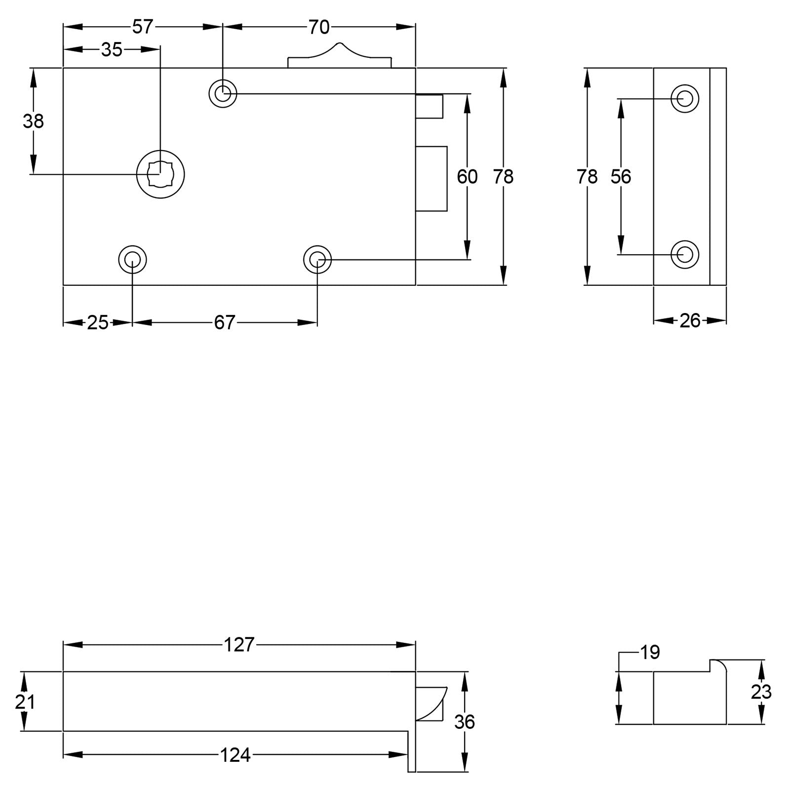 SHOW Technical Drawing of Brass Bathroom Rim Lock