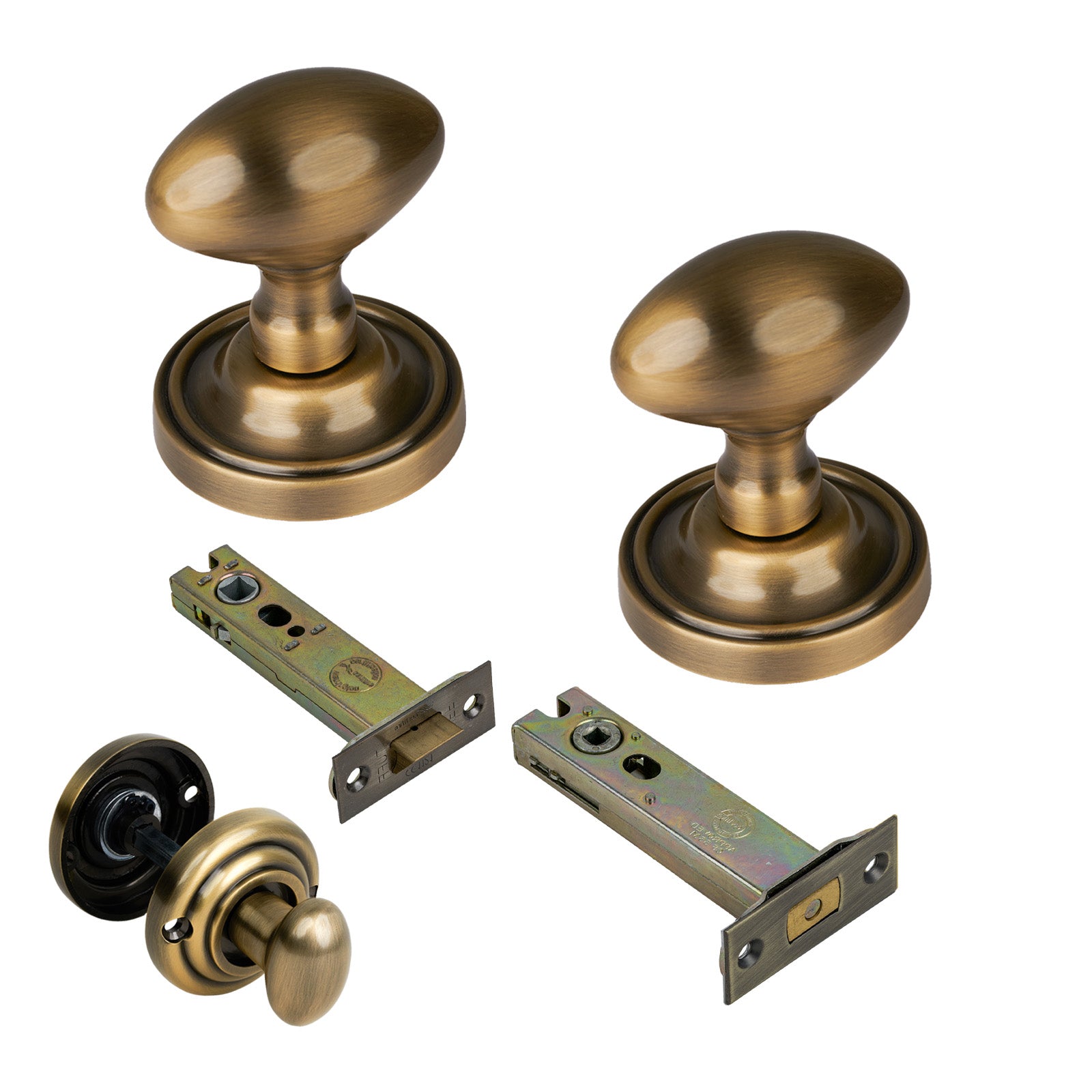 Chelsea Door Knob on Rose with Aged Brass 4 inch bathroom set