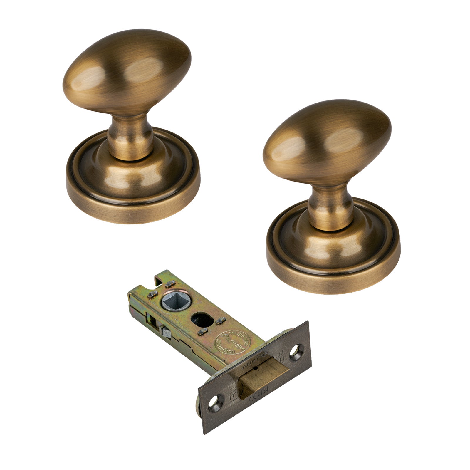 Chelsea Door Knob on Rose with Aged Brass 3 inch latch set