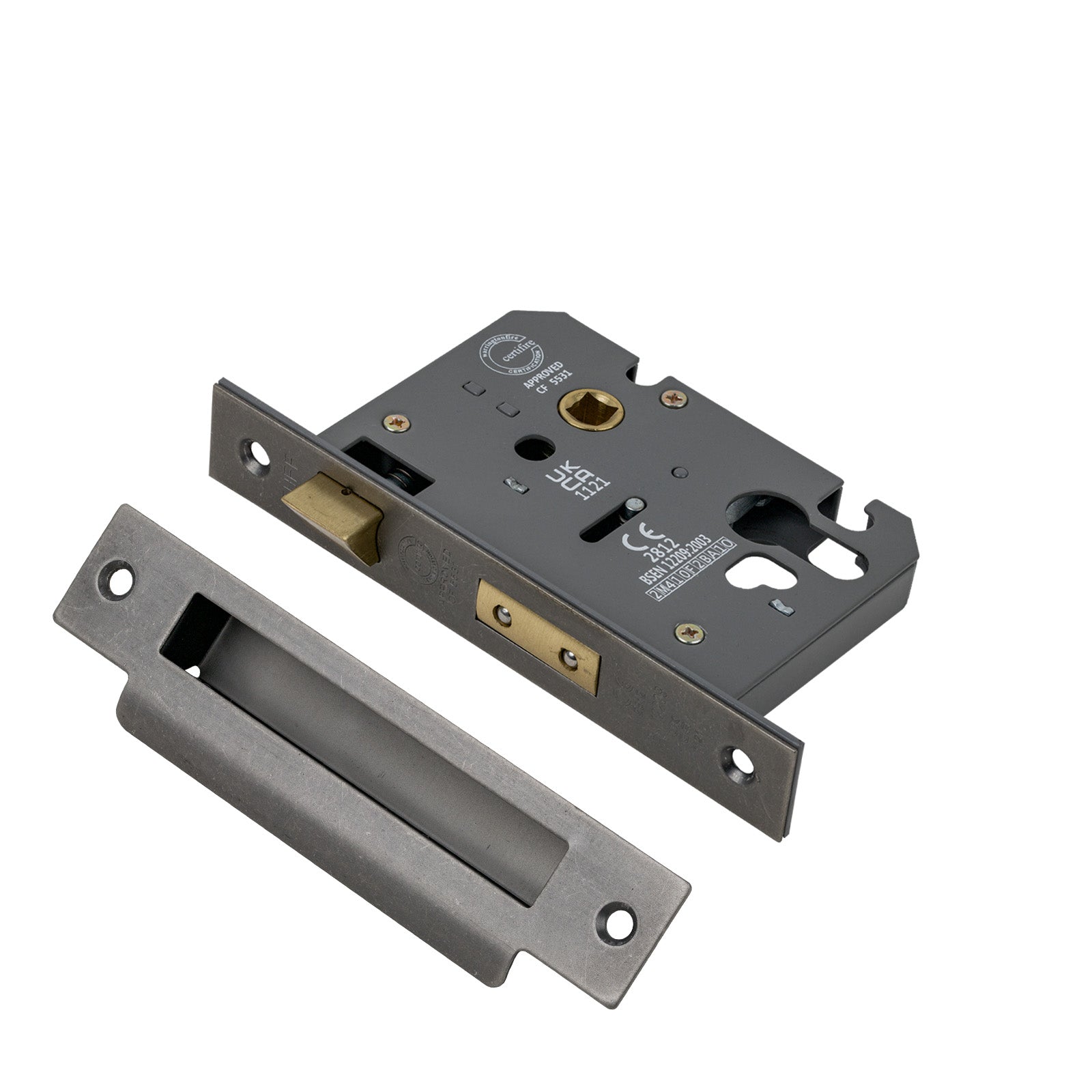 SHOW 3 Lever Euro Sash Lock - 3 Inch with Distressed Silver finished forend and striker plate