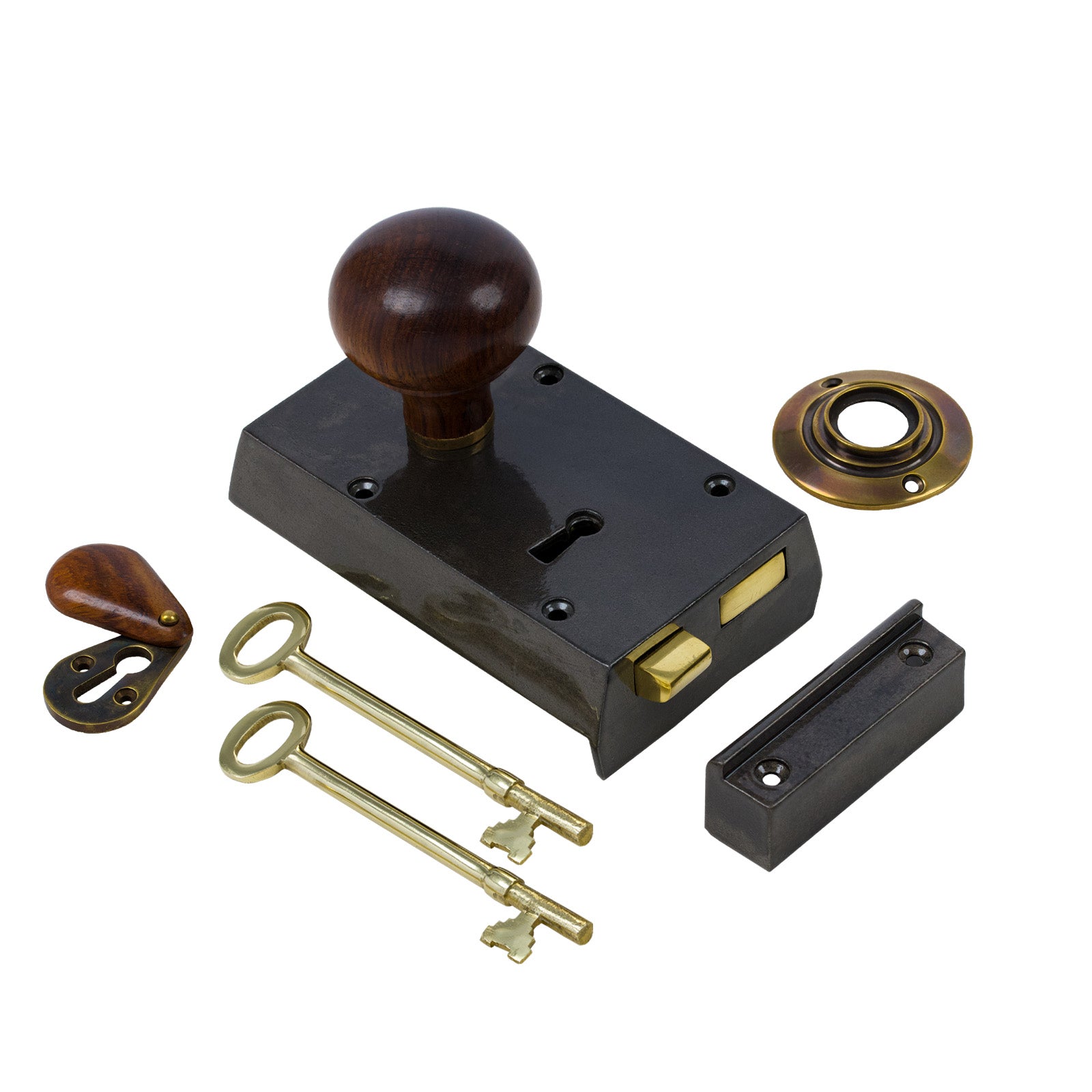 SHOW Left Handed Small Cast Iron Rim Lock With Bun Door Knob Set - Rosewood