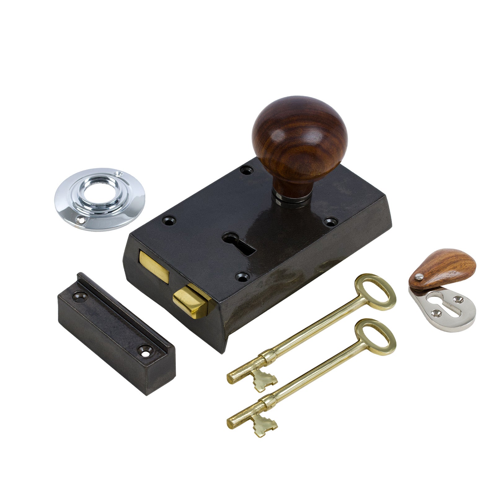 SHOW Right Handed Small Cast Iron Rim Lock With Bun Door Knob Set - Ebonised & Chrome