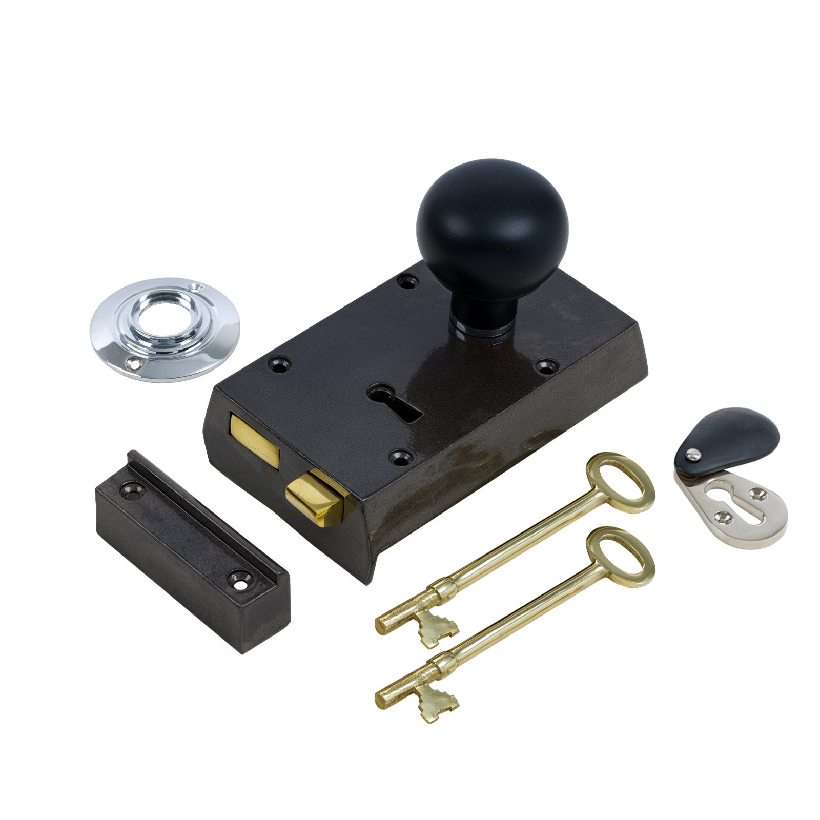 SHOW Right Handed Small Cast Iron Rim Lock With Bun Door Knob Set - Rosewood & Chrome