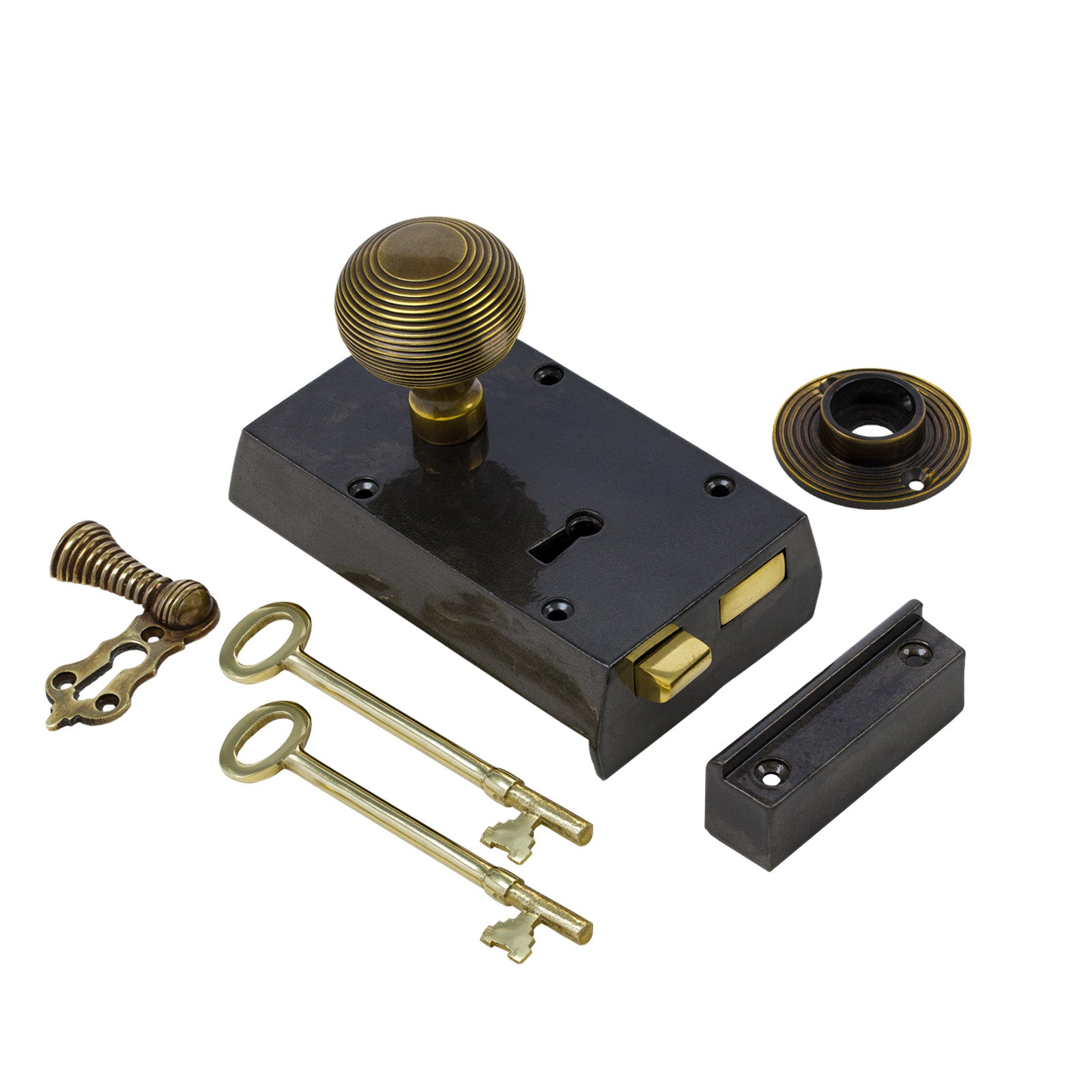 SHOW Left Handed Small Cast Iron Rim Lock With Antique Brass Beehive Door Knob Set