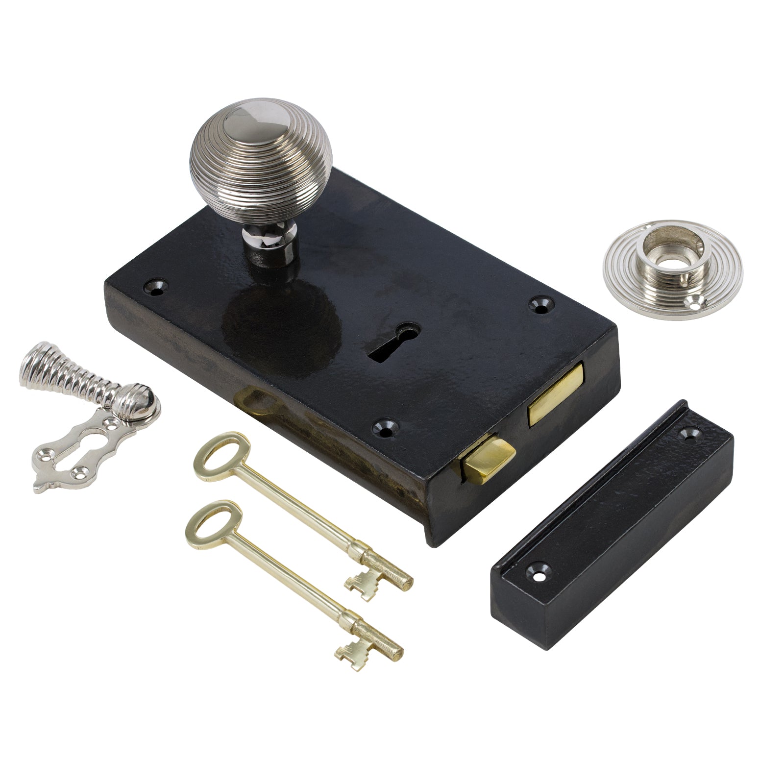 SHOW Left Handed Large Cast Iron Rim Lock With Polished Nickel Beehive Door Knob Set