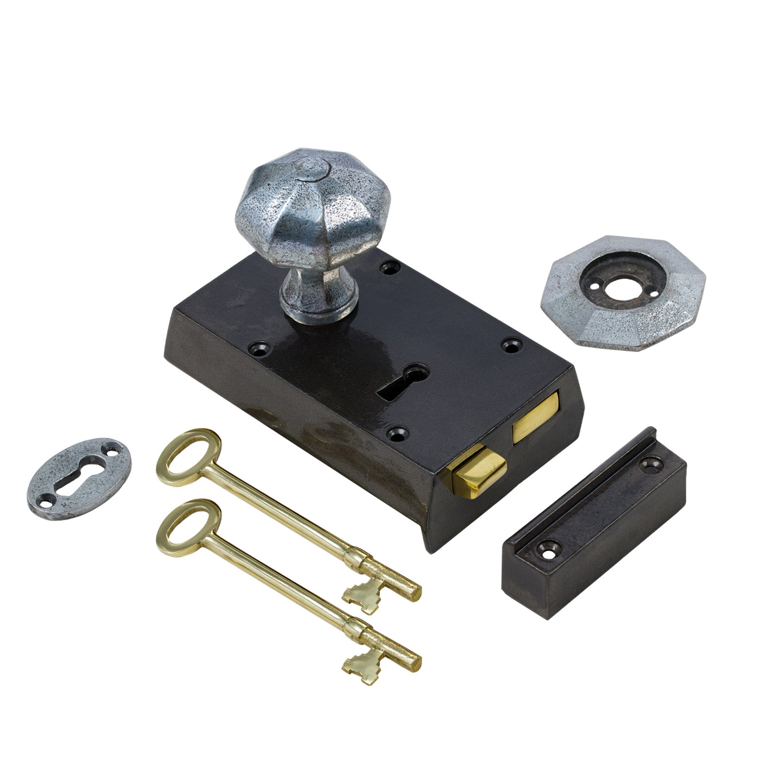 SHOW Left Handed Small Cast Iron Rim Lock With Pewter Octagonal Door Knob Set
