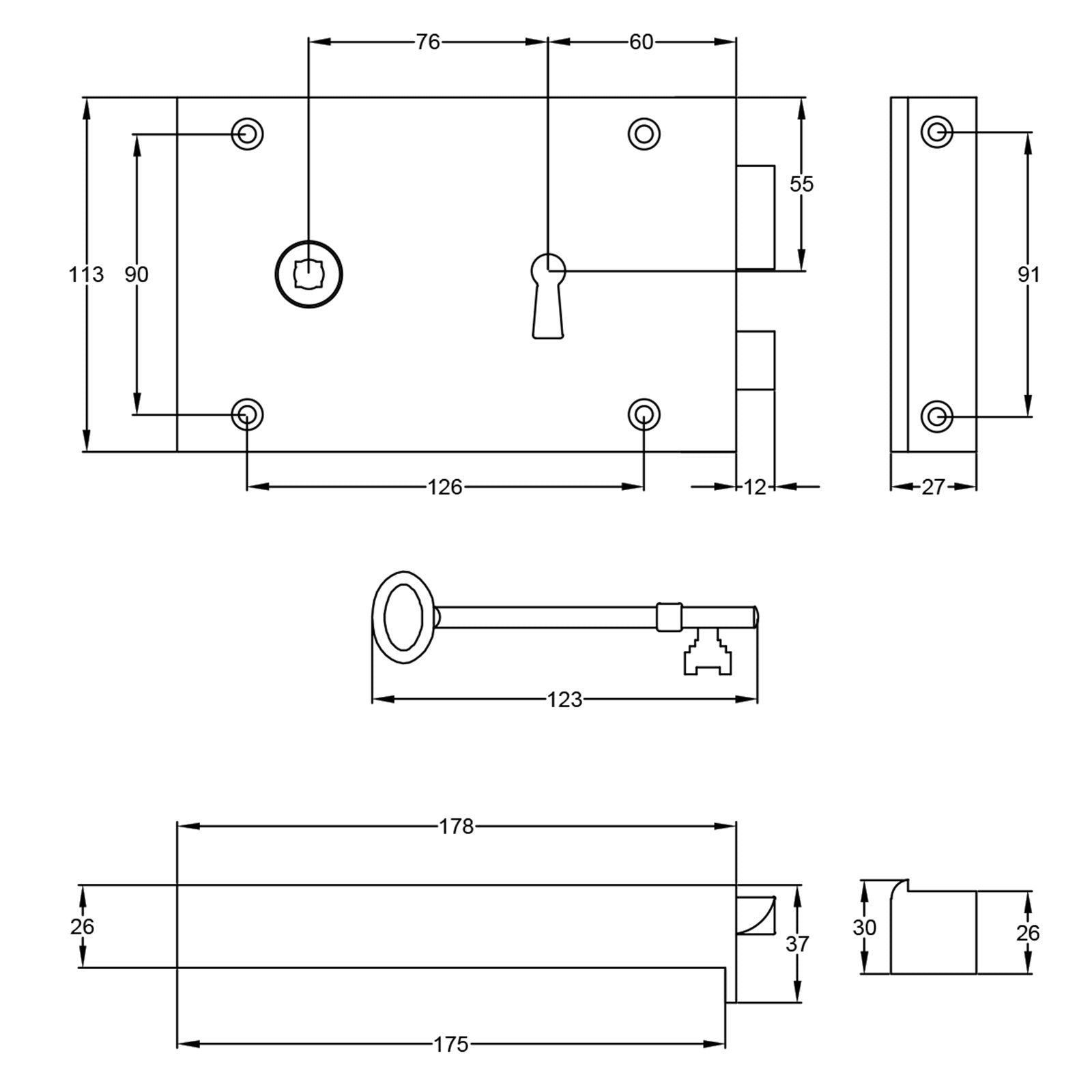 SHOW Technical Drawing of Large Brass Rim Lock