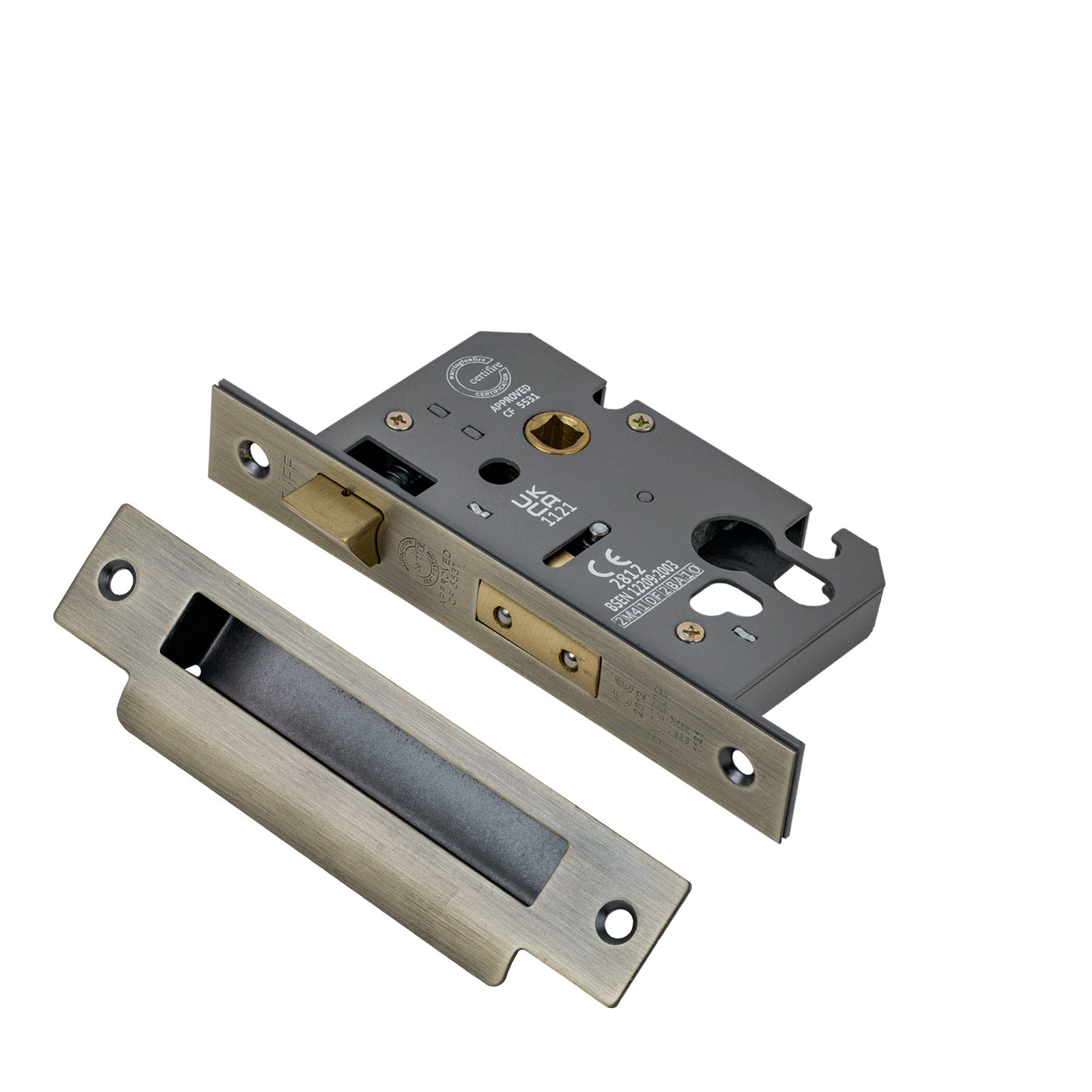 SHOW 3 Lever Euro Sash Lock - 2.5 Inch with Matt Antique Brass finished forend and striker plate