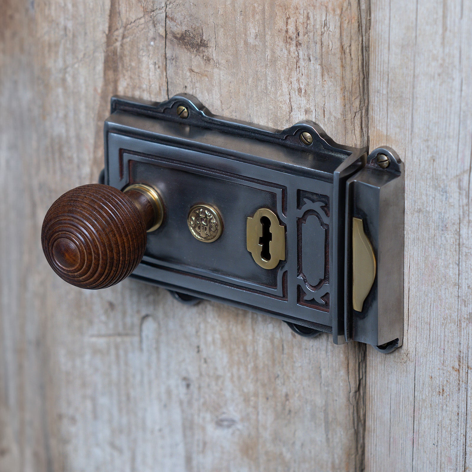 SHOW Lifestyle image of Ornate Iron Rim Lock on wood
