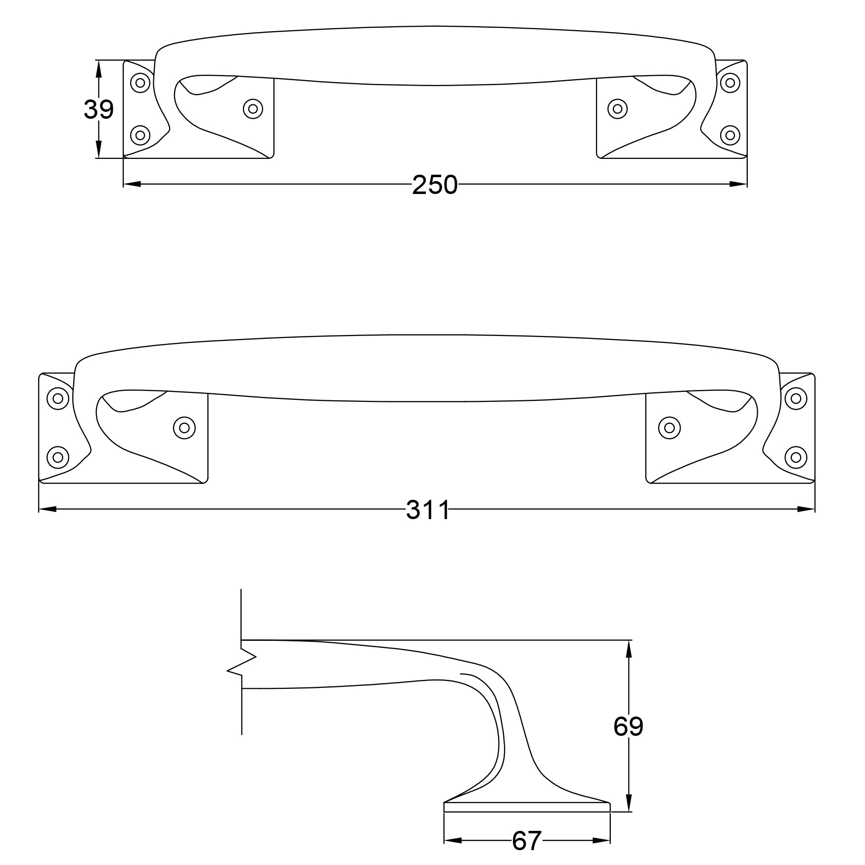 SHOW Technical Drawing of Offset Door Pull Handle
