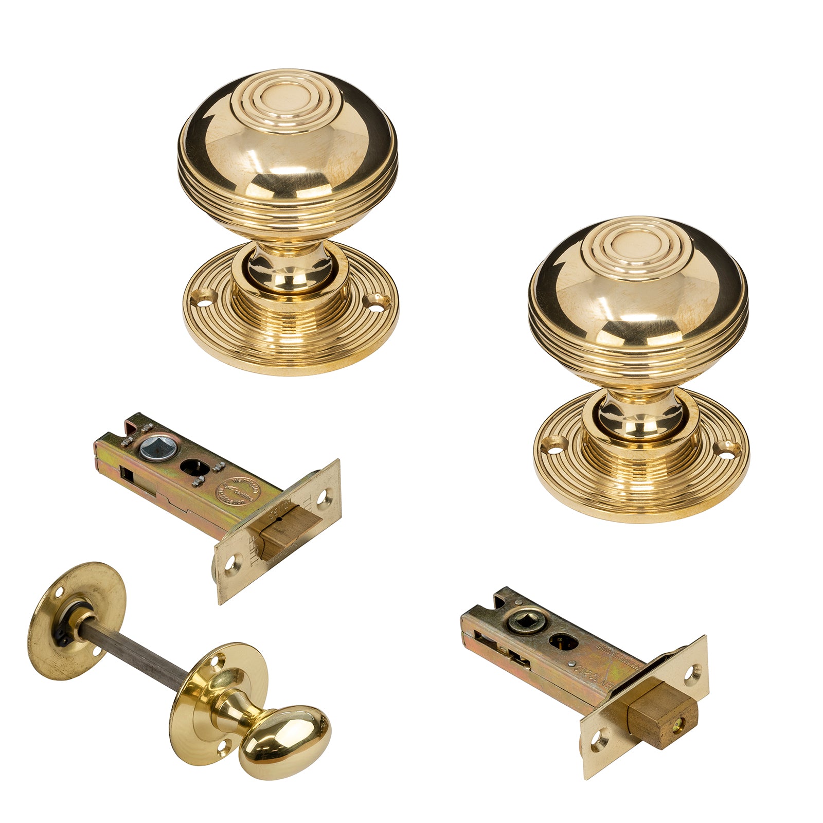 Ringed Brass Door Knobs 3 inch Bathroom Set