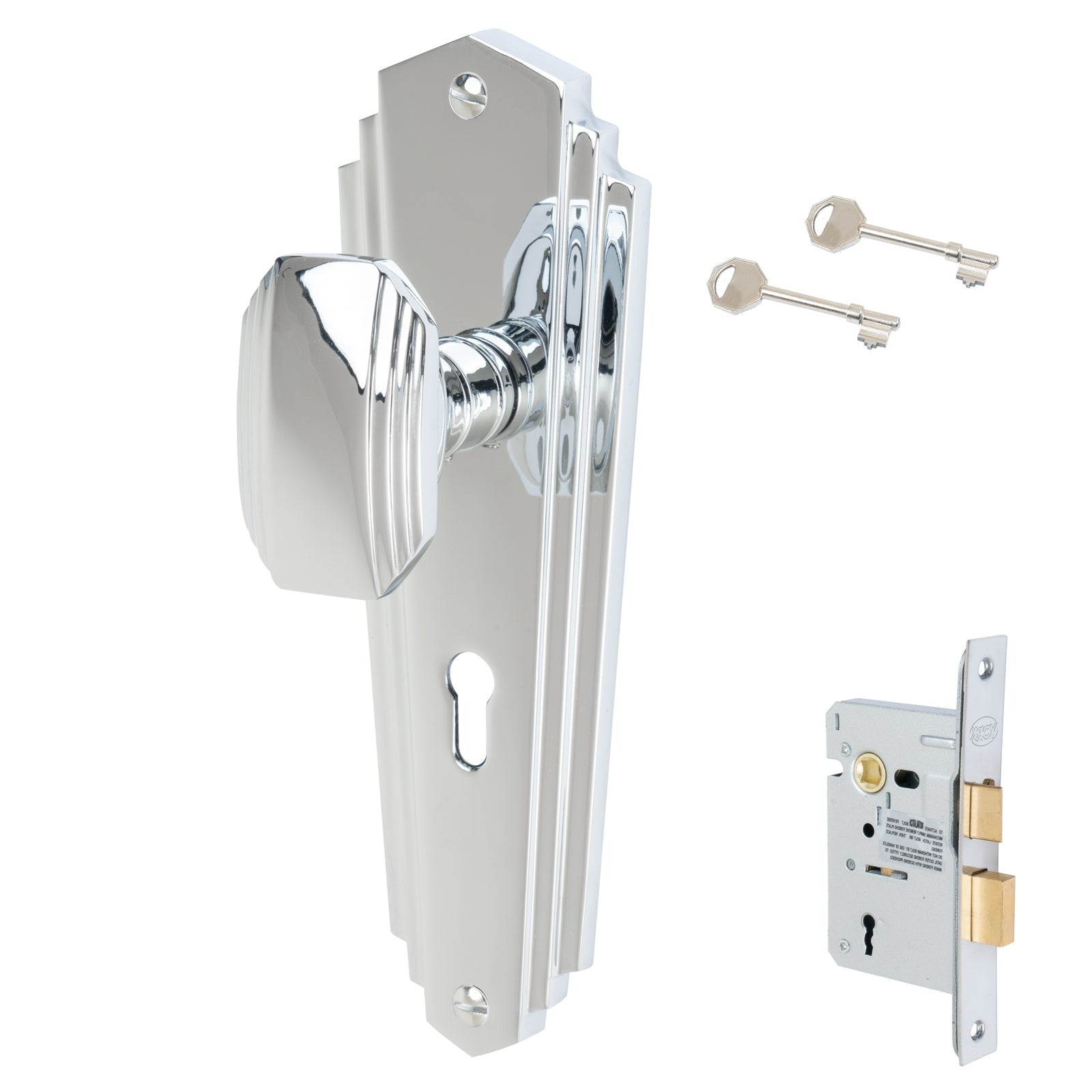 Charlston Door Handles On Plate Lock Handle Set in Polished Chrome