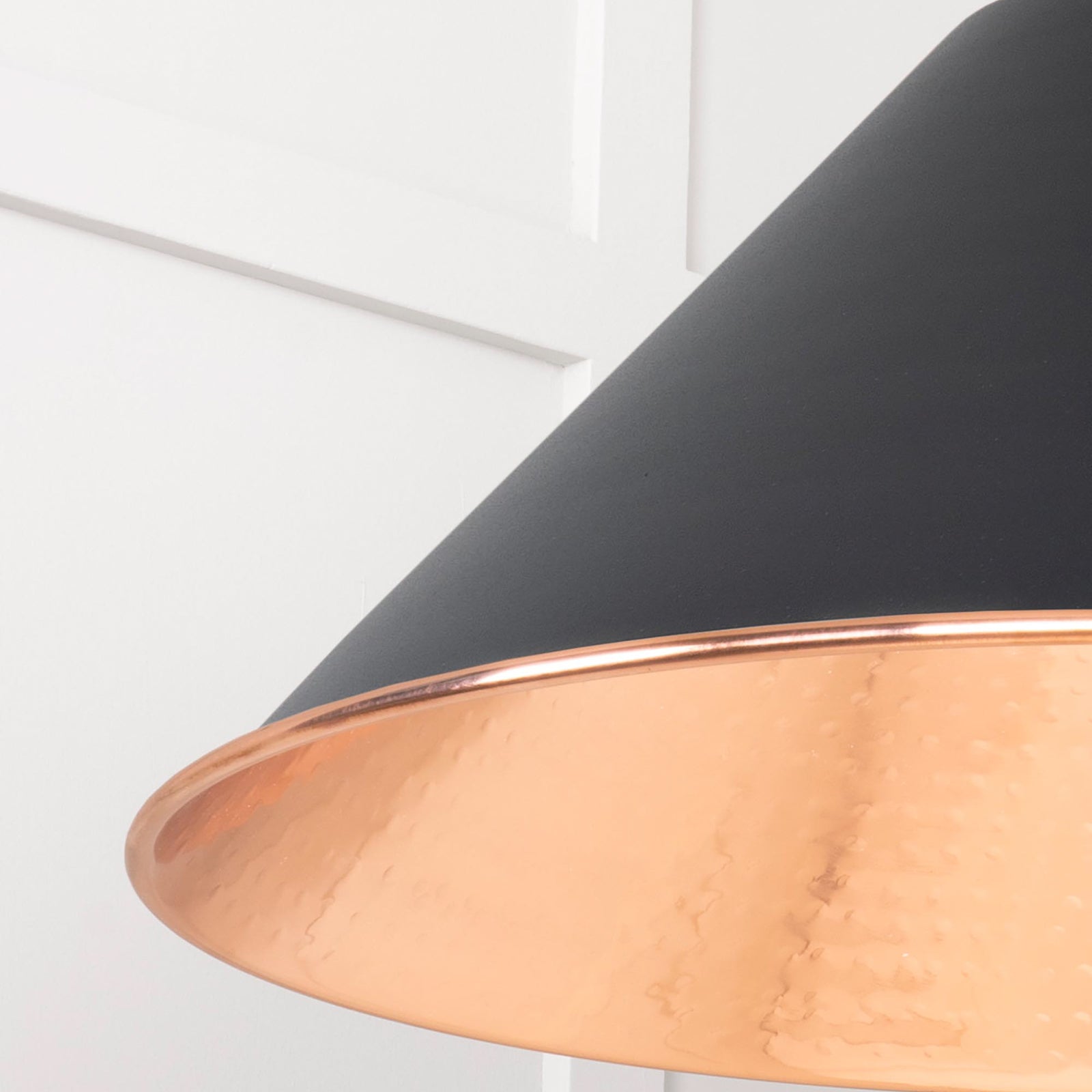 SHOW Close Up Image of Hockley Ceiling Light in Elan Black in Hammered Copper