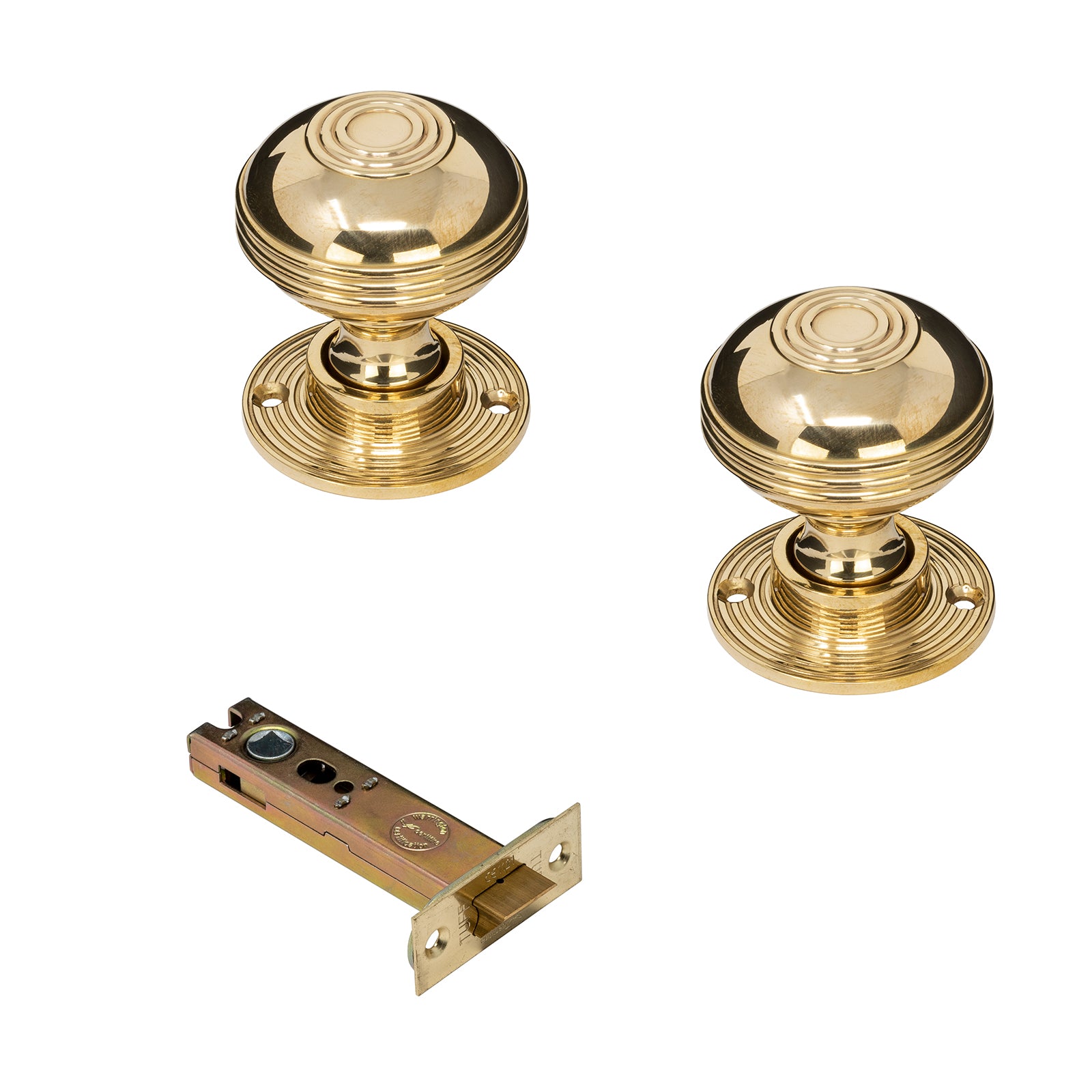Ringed Brass Door Knobs 4 inch Latch Set