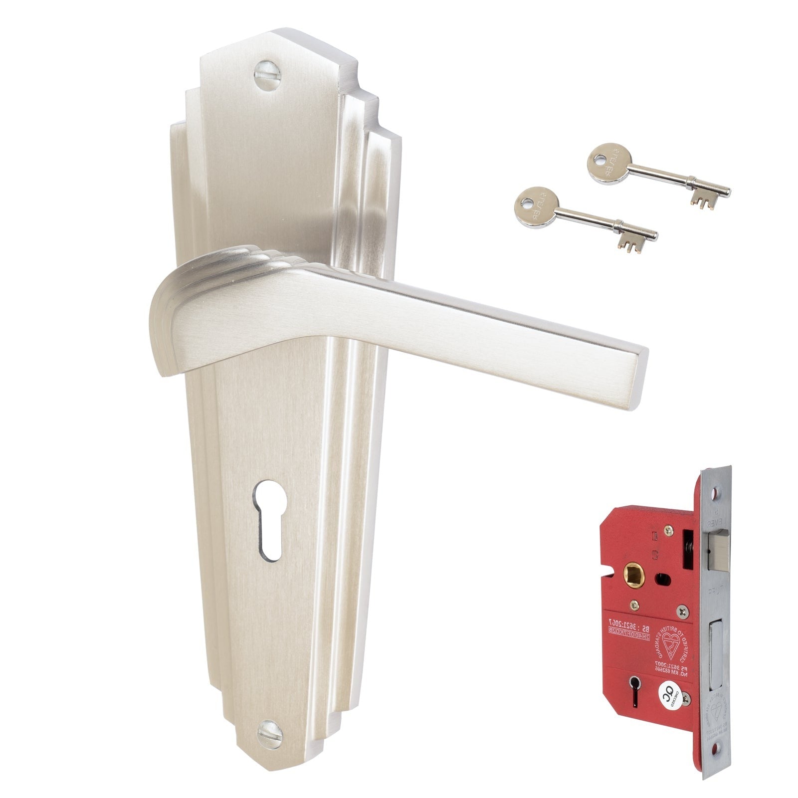 Waldorf Door Handles On Plate 5 Lever Lock Handle Set in Satin Nickel 