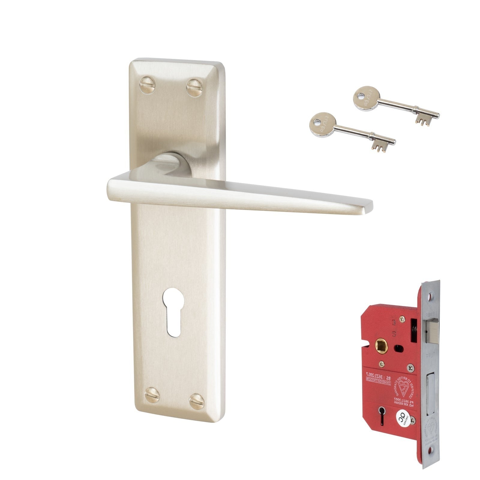 Kendal Door Handles On Plate 5 Lever Lock Handle Set in Satin Nickel 