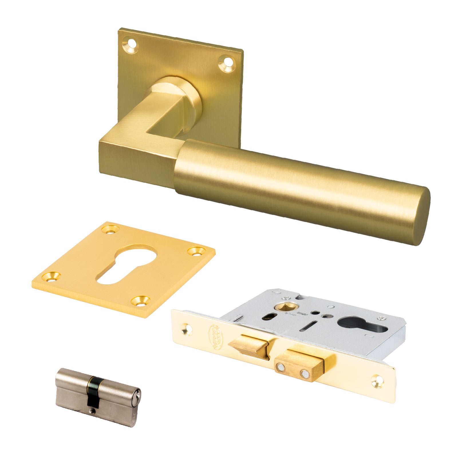 satin brass lever on rose low profile euro lock set