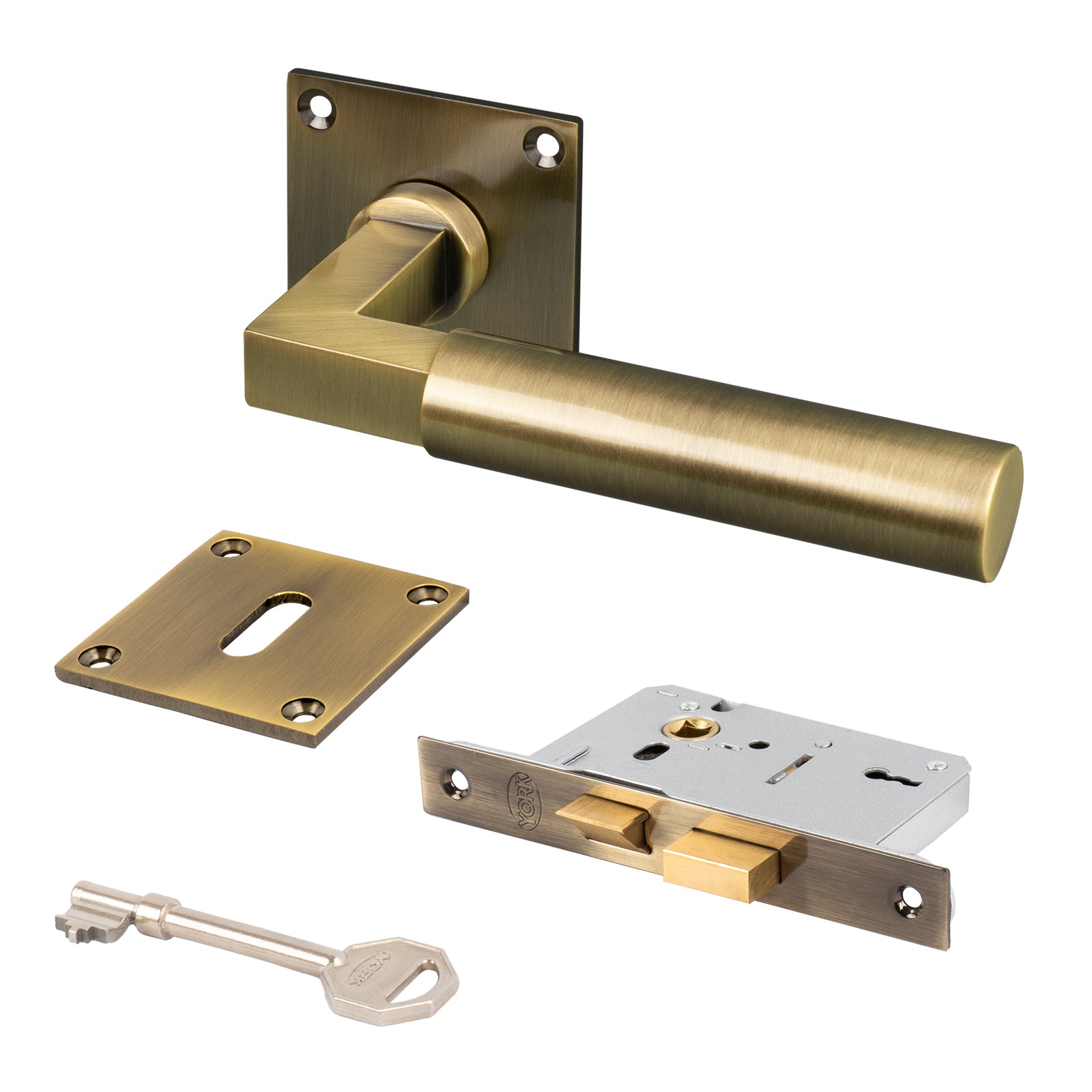 aged brass bauhaus low profile handle 3 lever lock set