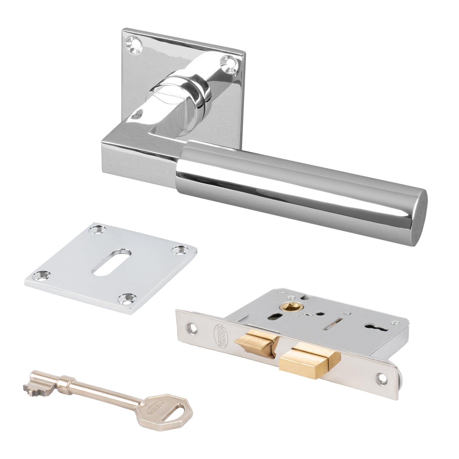 chrome Bauhaus square rose handle with low profile plate, 3 lever lock set