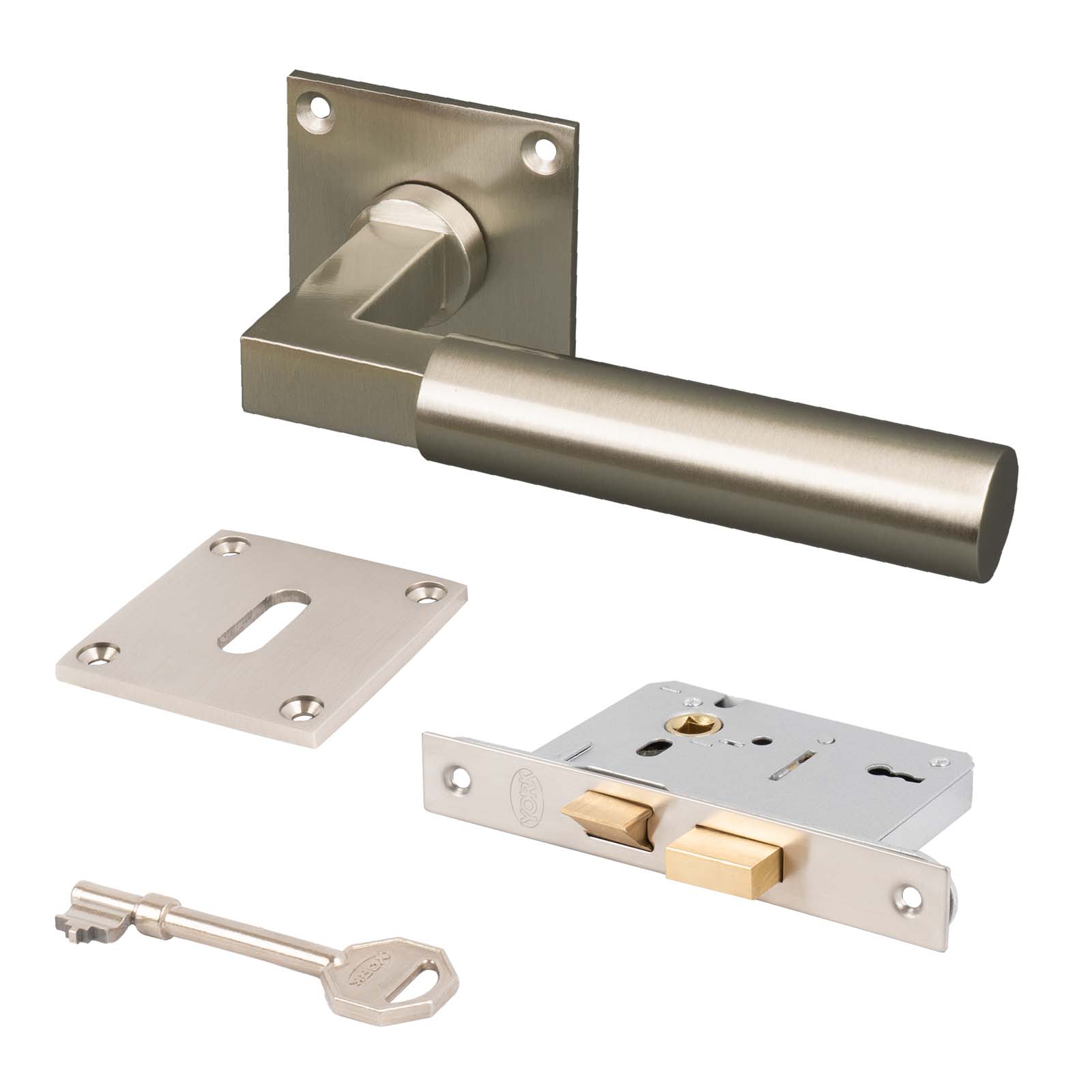 satin nickel Bauhaus handles with square low profile plate, 3 lever sash lock set