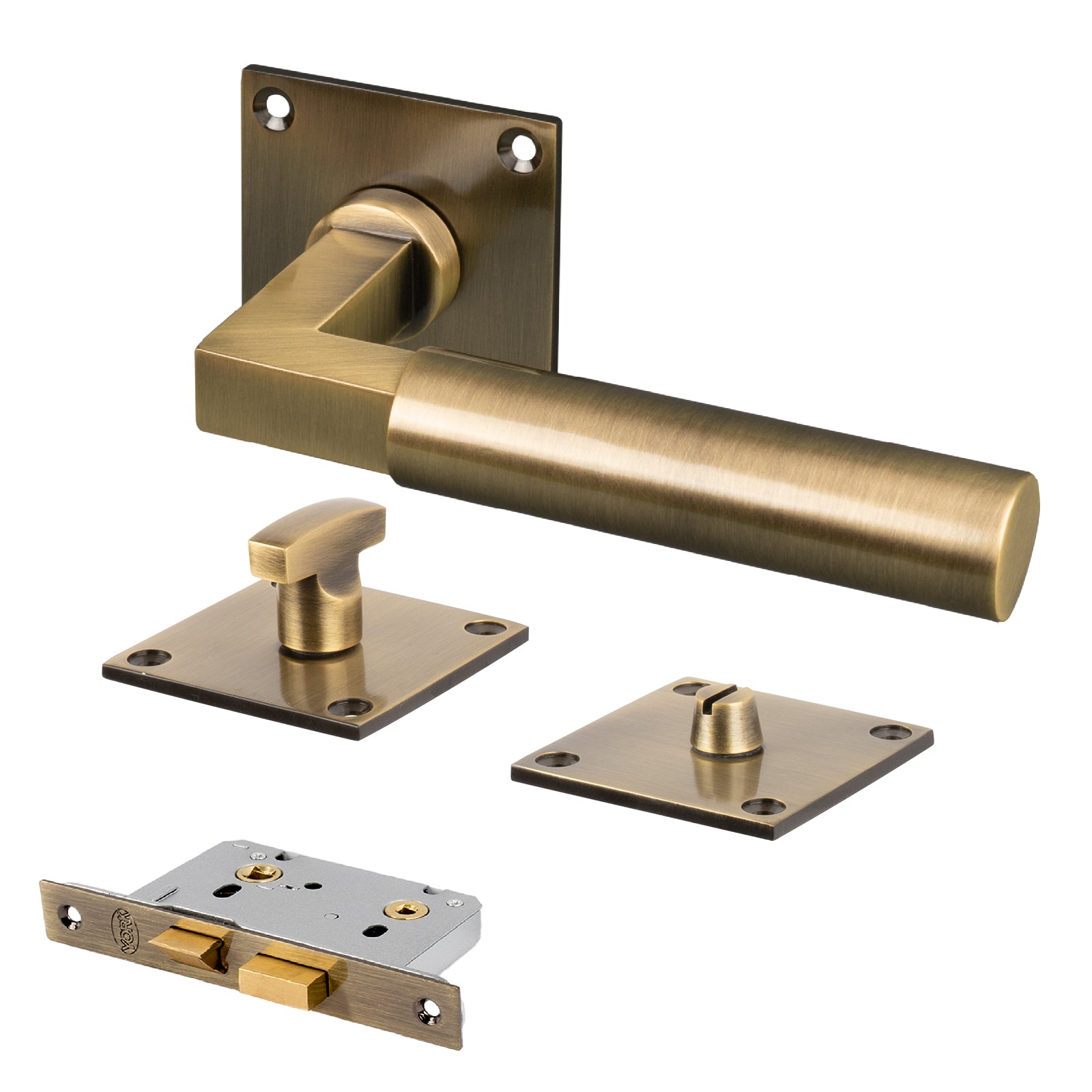 aged brass low profile lever on rose bathroom door set