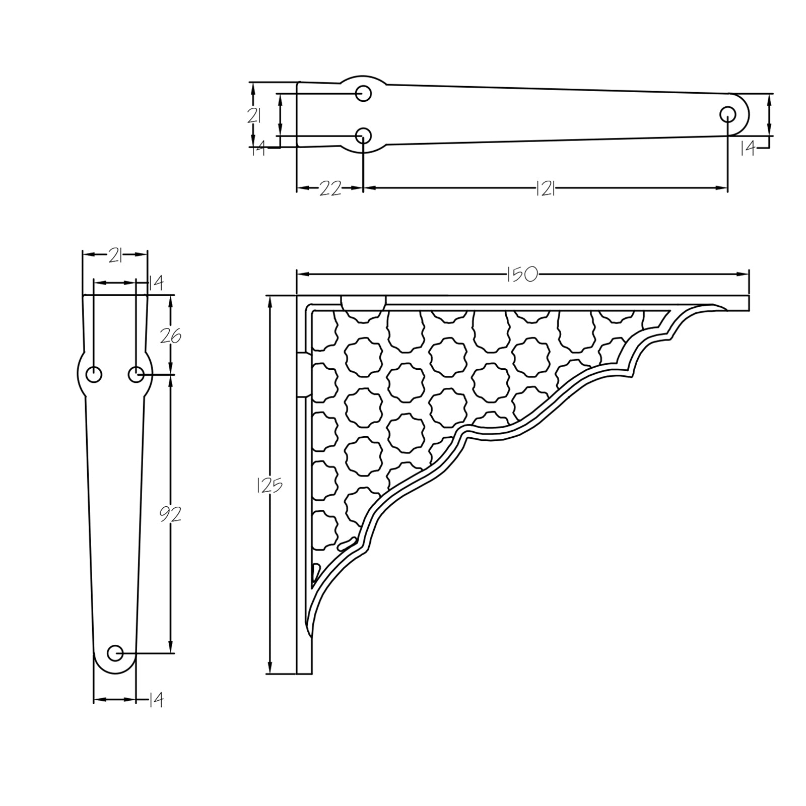Dimension drawing of honeycomb shelf bracket SHOW