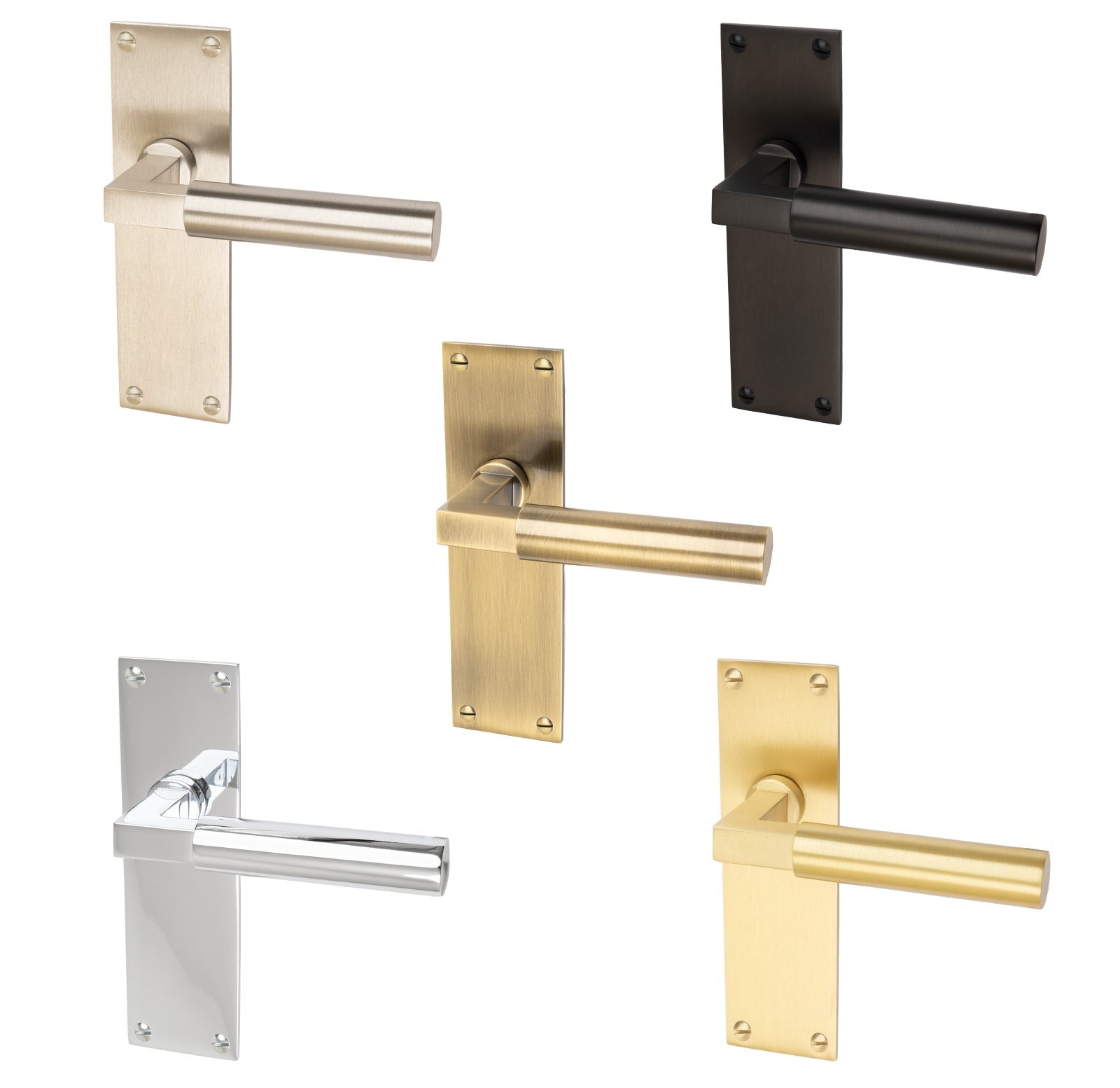 Bauhaus Door Handles On Plate Latch Handle in Matt Bronze, Satin Nickel, Bauhaus Chrome, Satin Brass and Aged Brass.