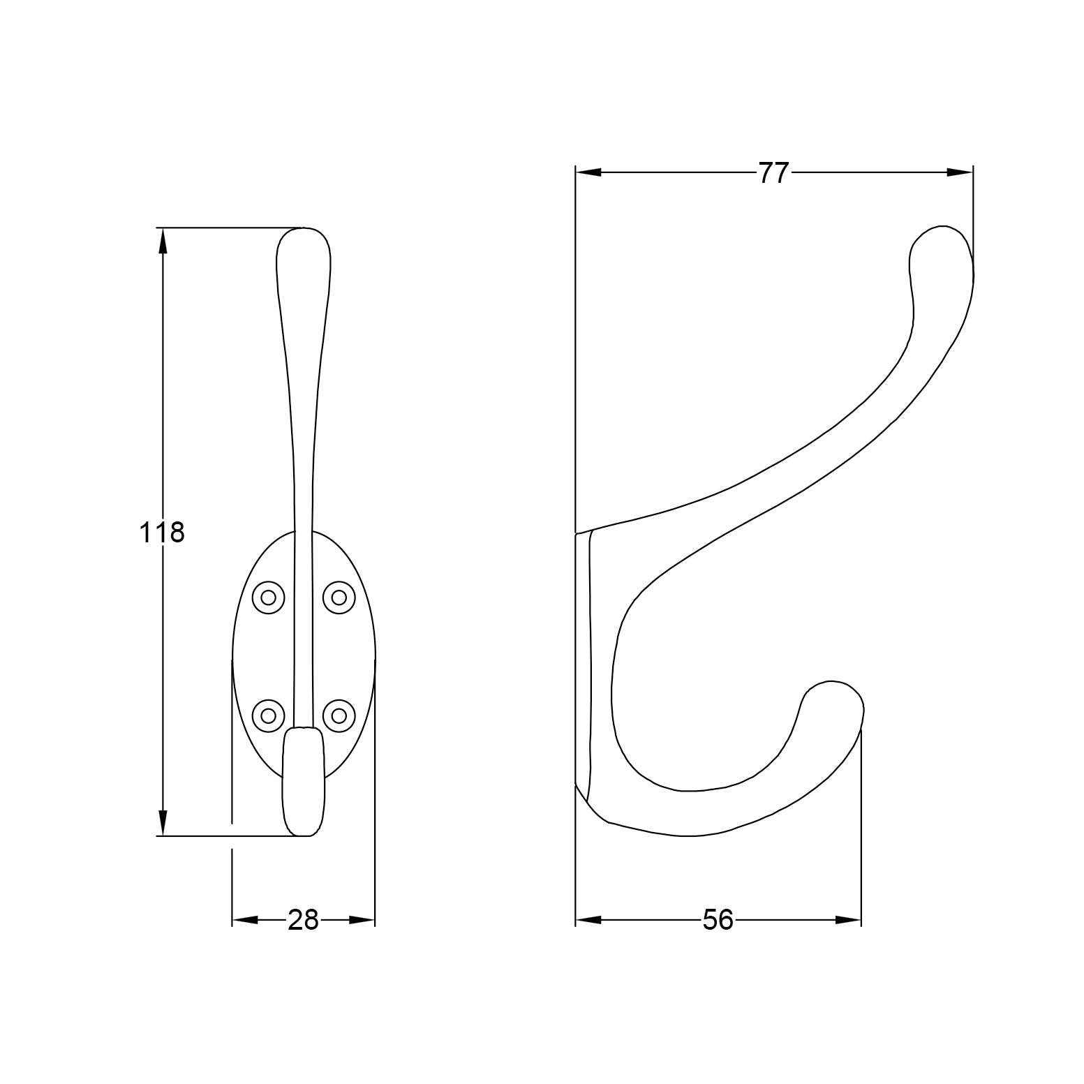 Drawing of Antique Brass Hammered Double Coat Hooks SHOW