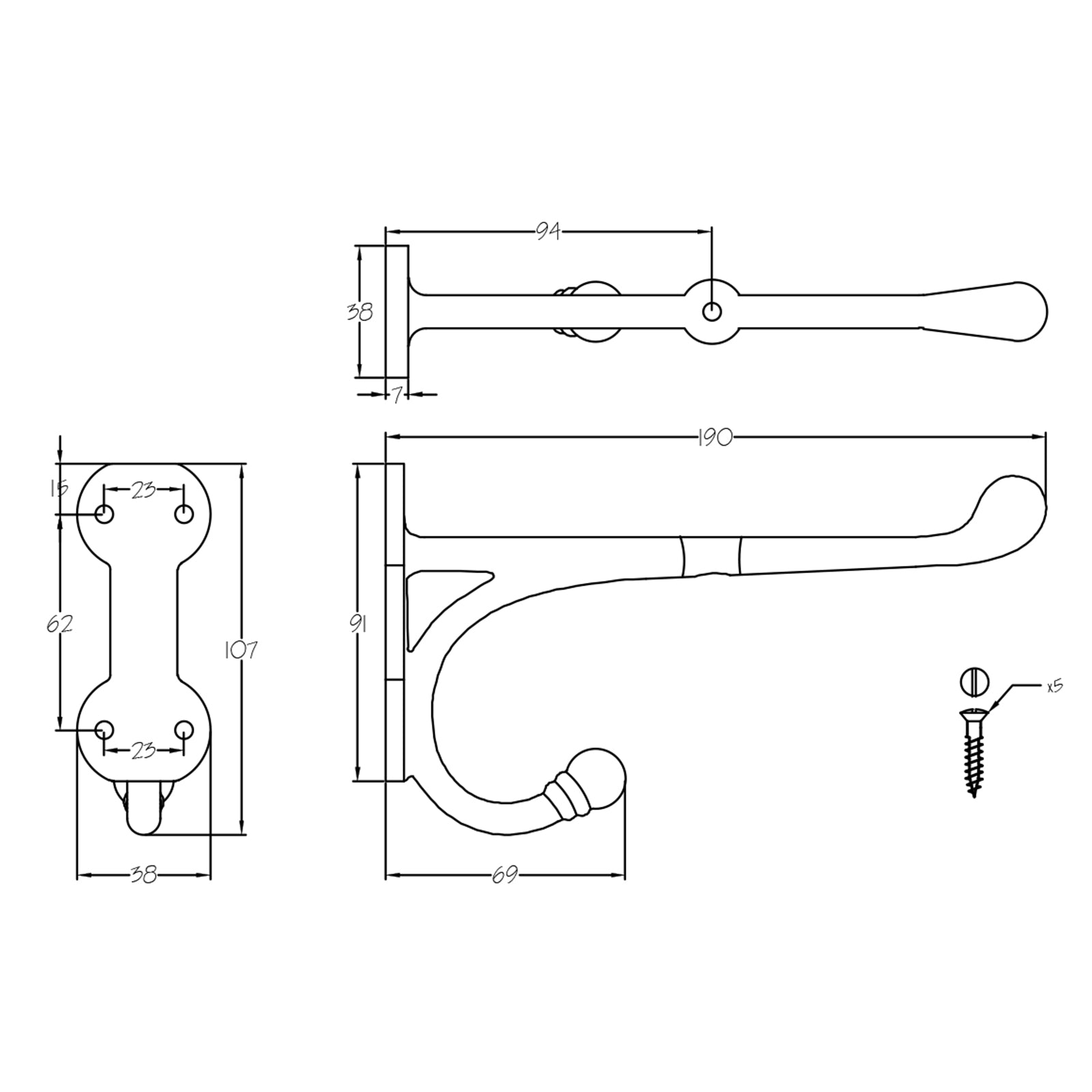 dimension drawing of black hook shelf bracket SHOW