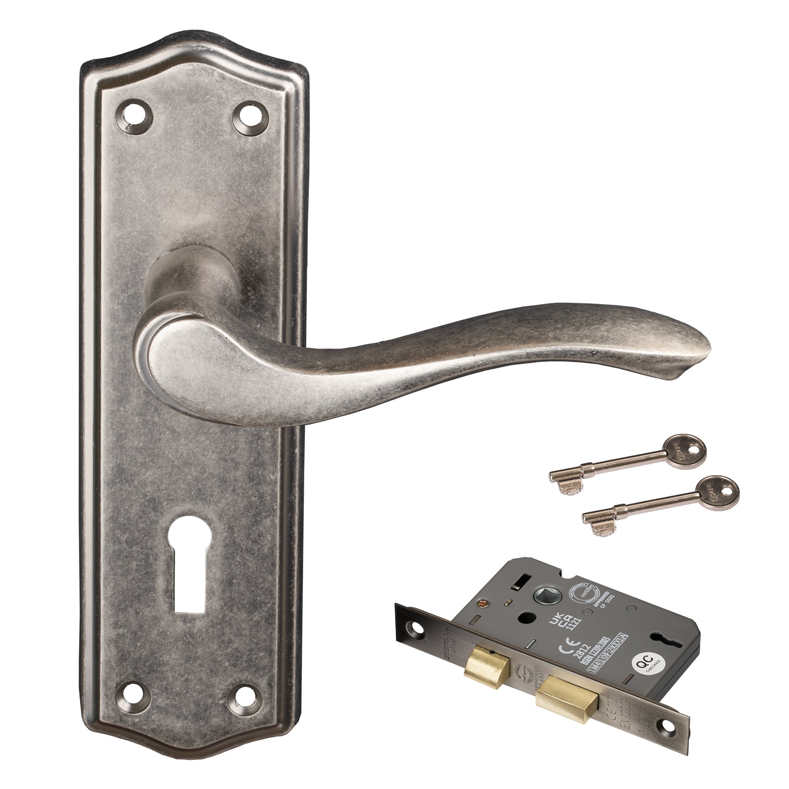 Distressed silver Warwick door handle 3 lever lock set