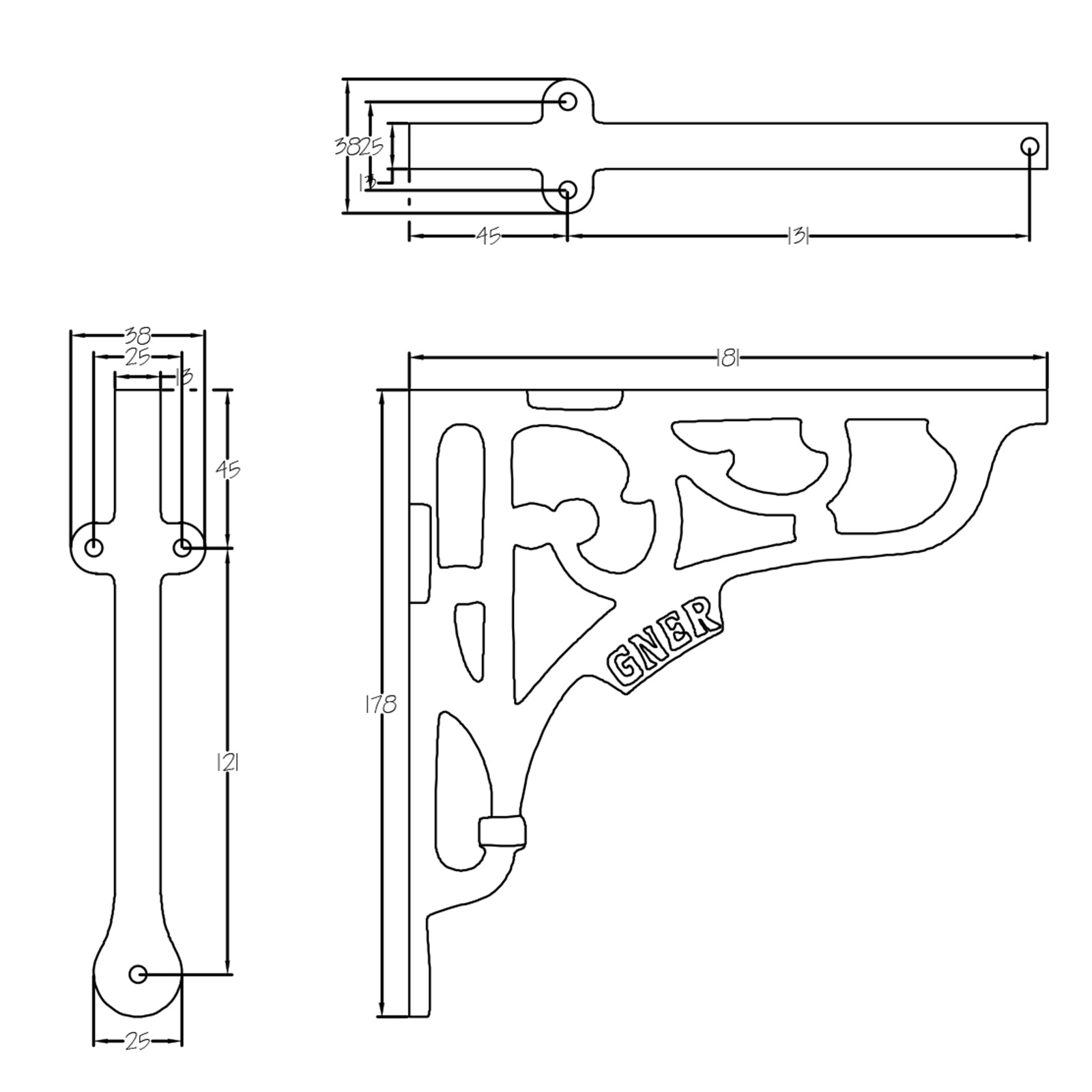 Dimension drawing of 7 inch GNER shelf bracket SHOW