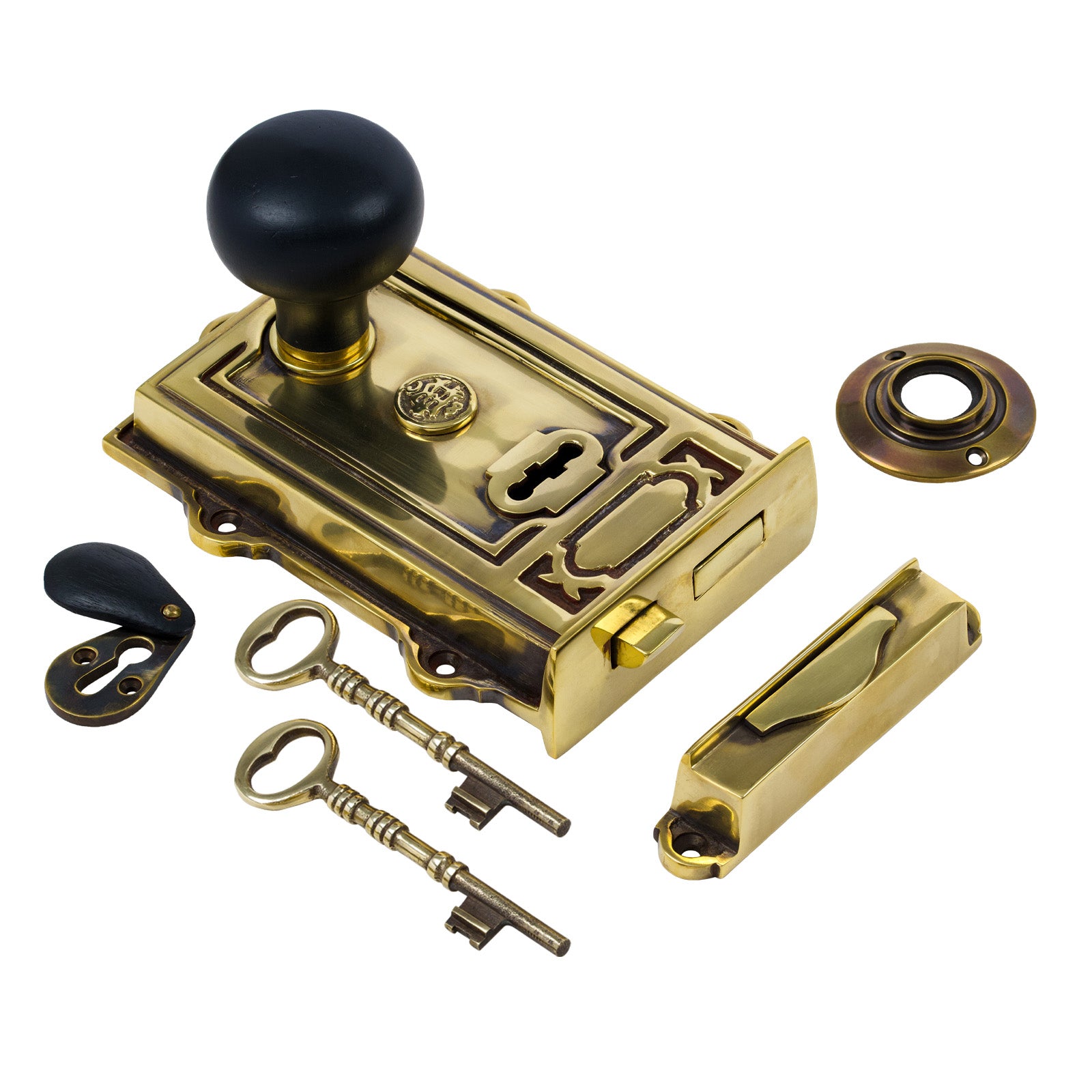 SHOW Image of Ornate Antique Brass Rim Lock with Bun Door Knob Set - Ebonised