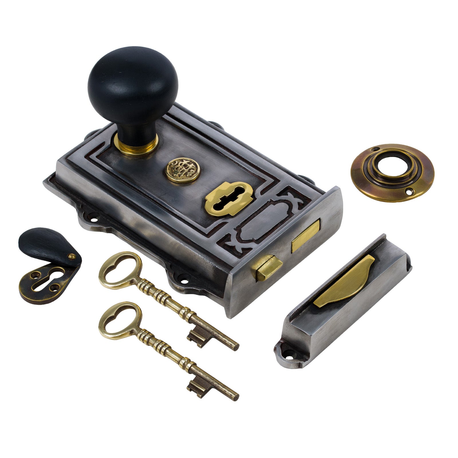 SHOW Image of Ornate Iron Rim Lock with Bun Door Knob Set - Ebonised