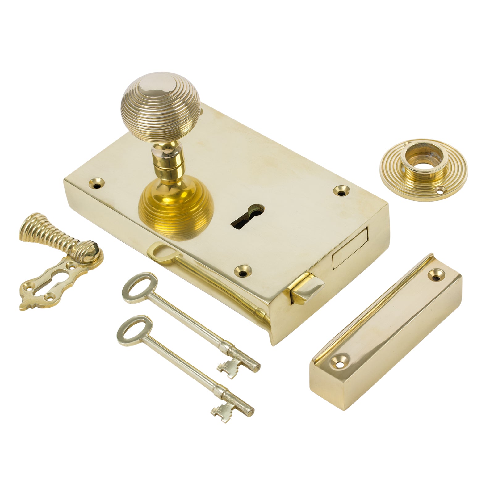 SHOW Left Handed Large Brass Rim Lock with Brass Beehive Door Knob Set