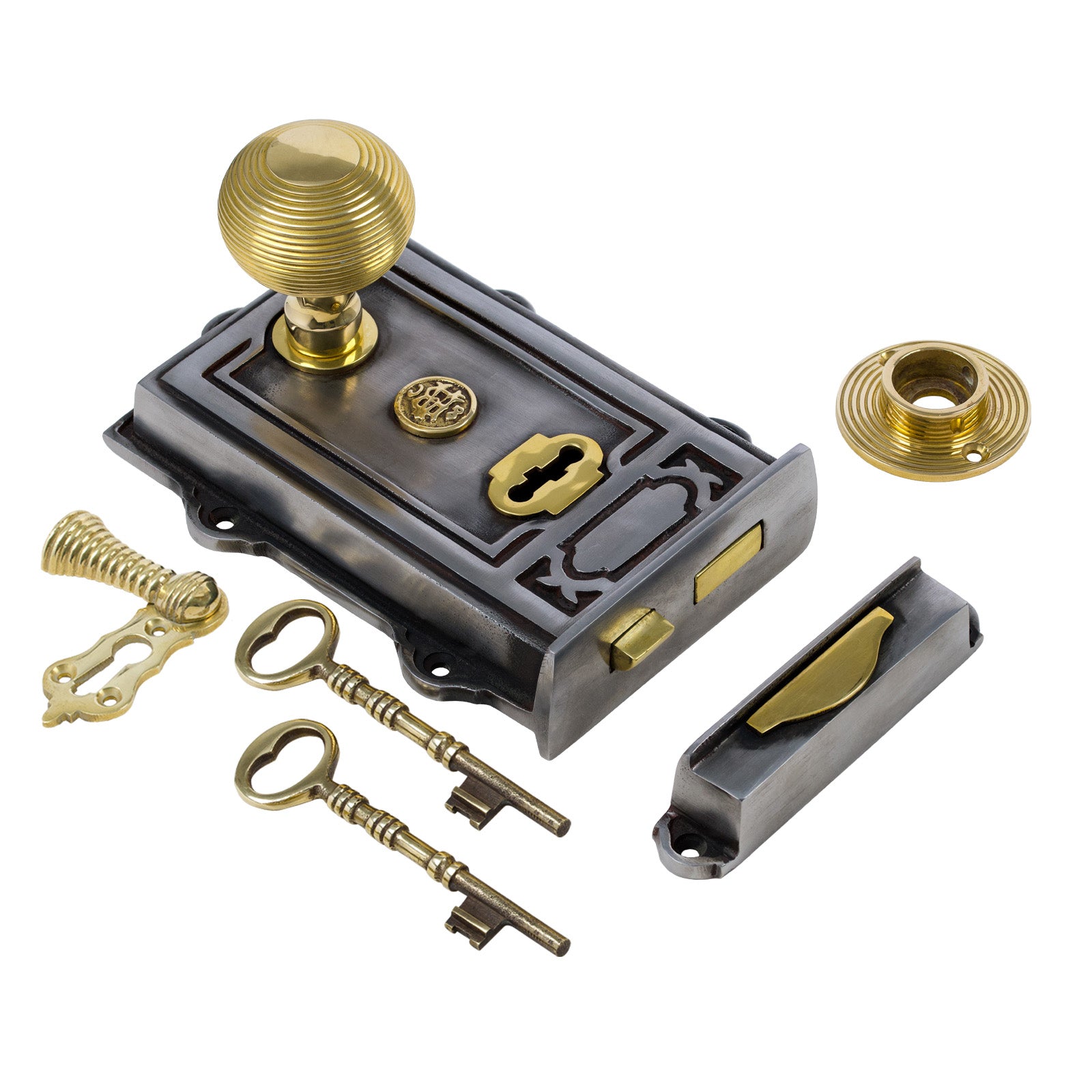 SHOW Image of Ornate Iron Rim Lock with Brass Beehive Door Knob Set