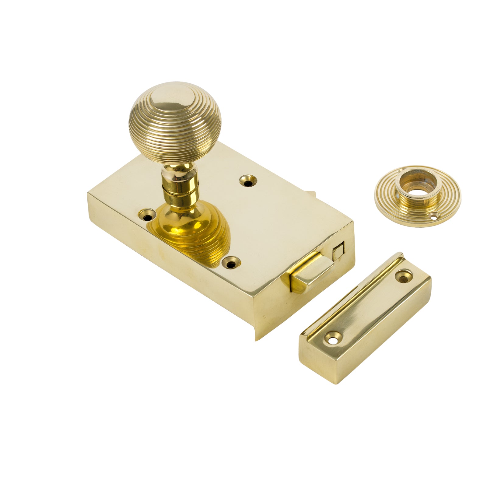 SHOW Left Handed Brass Bathroom Rim Lock with Brass Beehive Door Knob Set