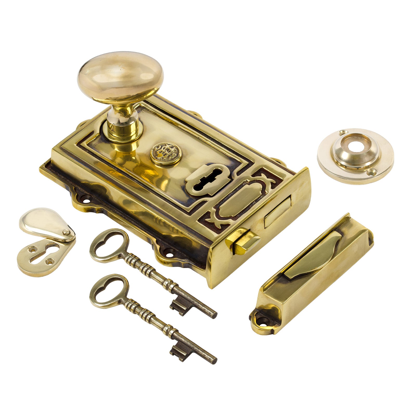 SHOW Image of Ornate Antique Brass Rim Lock with Brass Oval Door Knob Set - Polished Brass