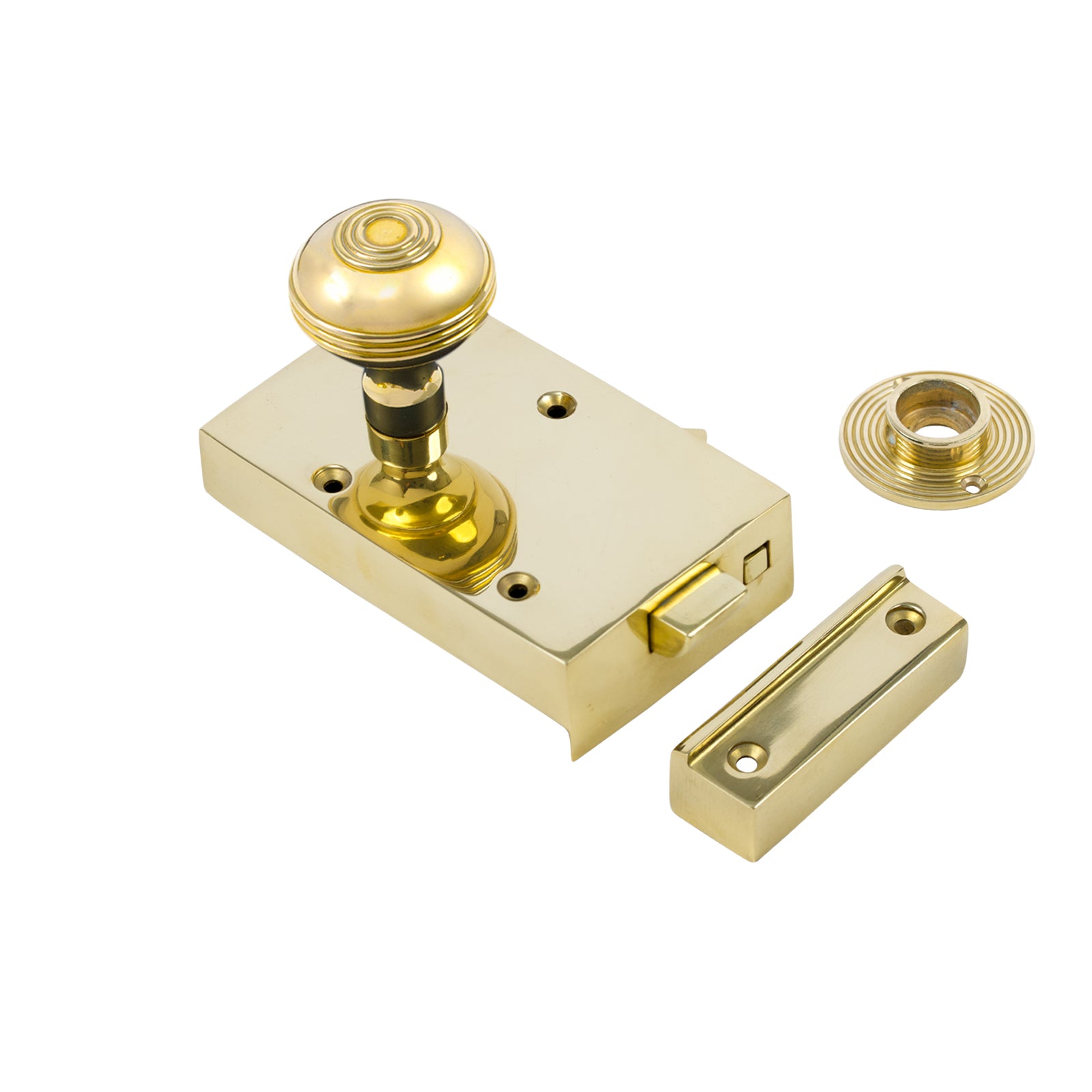 SHOW Left Handed Brass Bathroom Rim Lock with Brass Ringed Door Knob Set