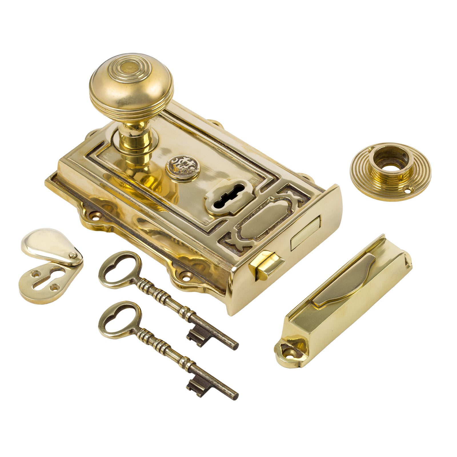 SHOW Image of Ornate Brass Rim Lock with Brass Ringed Door Knob Set - Polished Brass