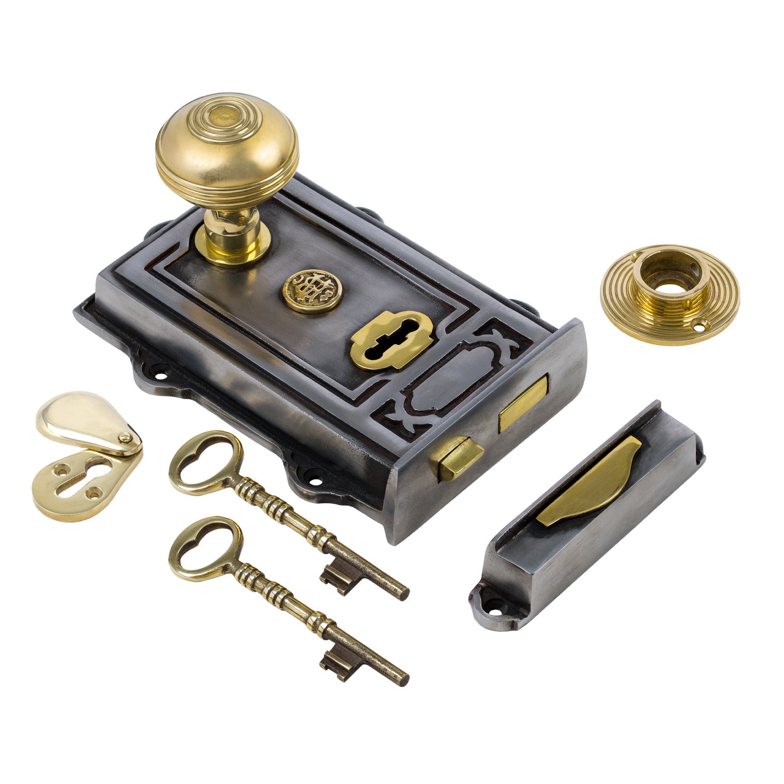 SHOW Image of Ornate Iron Rim Lock with Brass Ringed Door Knob Set