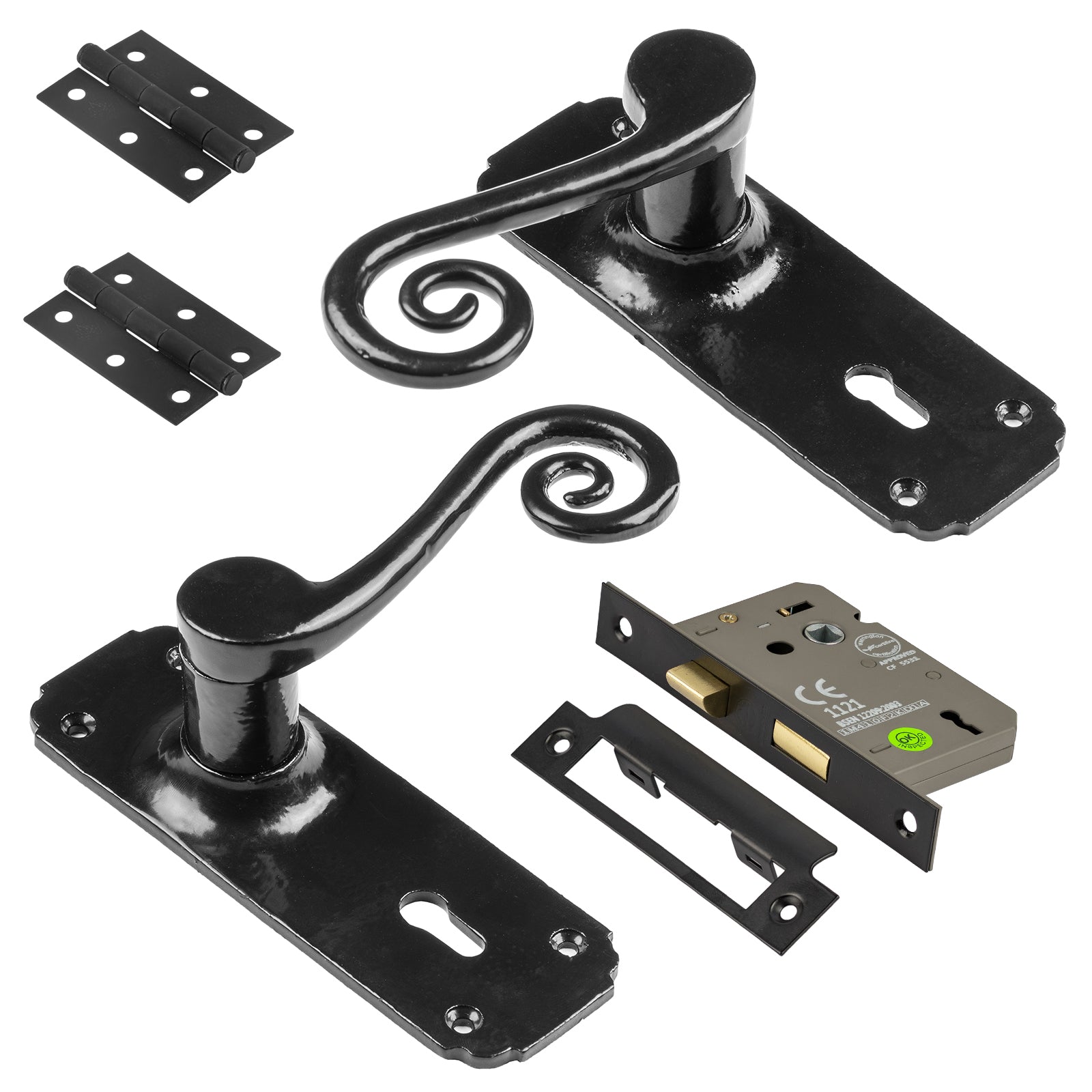 Monkey Tail door handle lock set with butt hinges SHOW