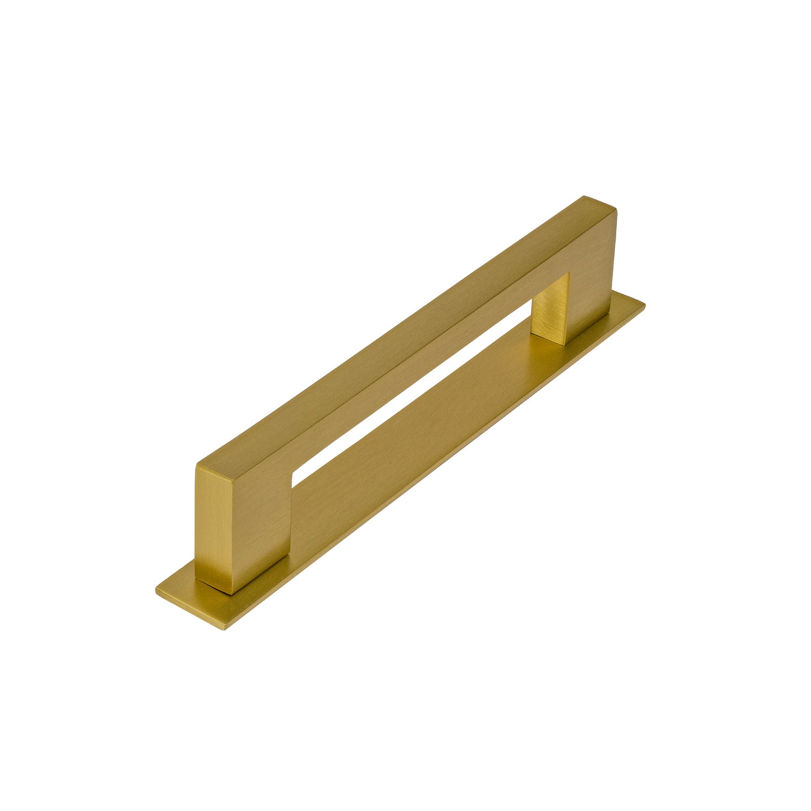 satin brass geometric pull handle on backplate, modern kitchen pull handle