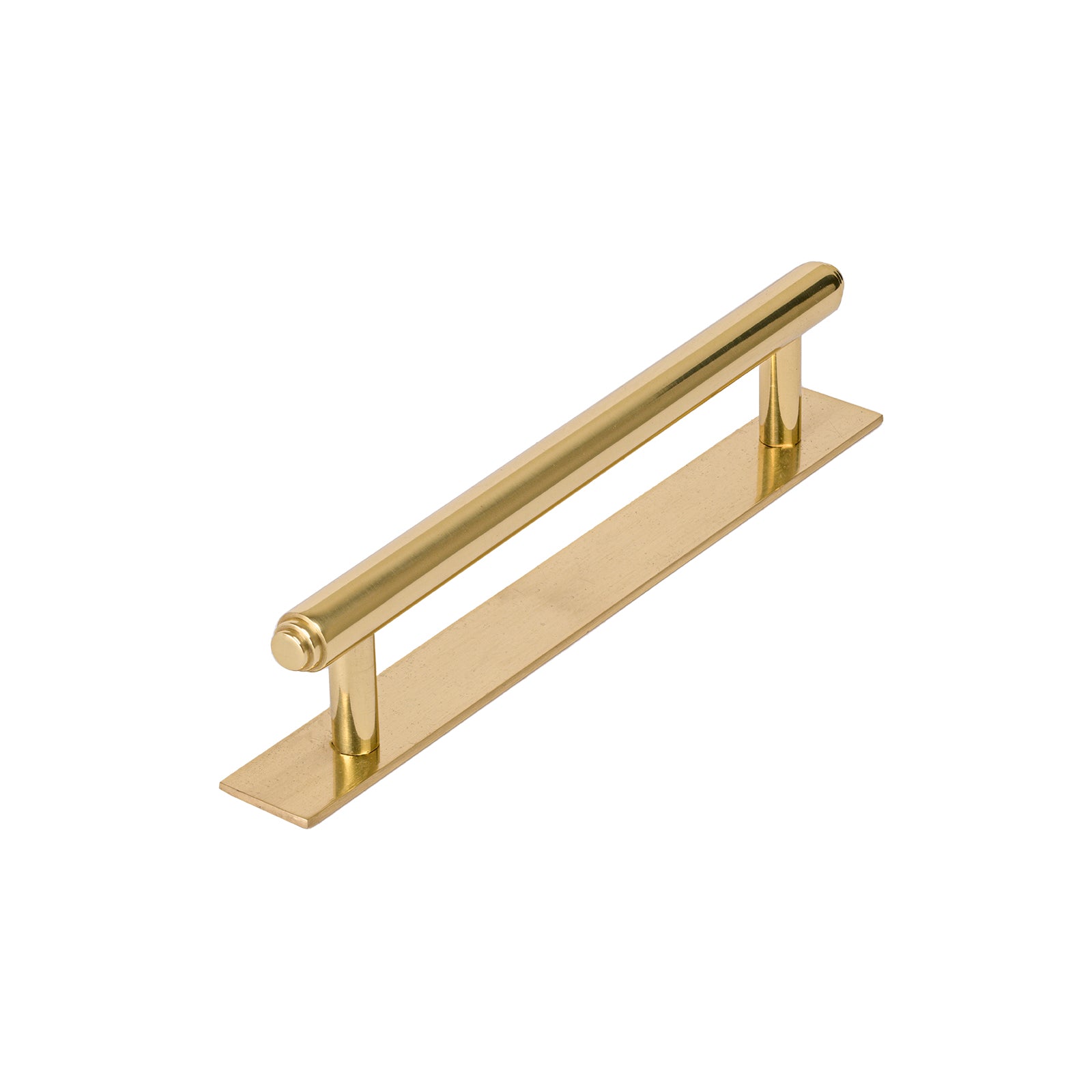 polished brass step pull handles on backplate, kitchen cupboard handles SHOW
