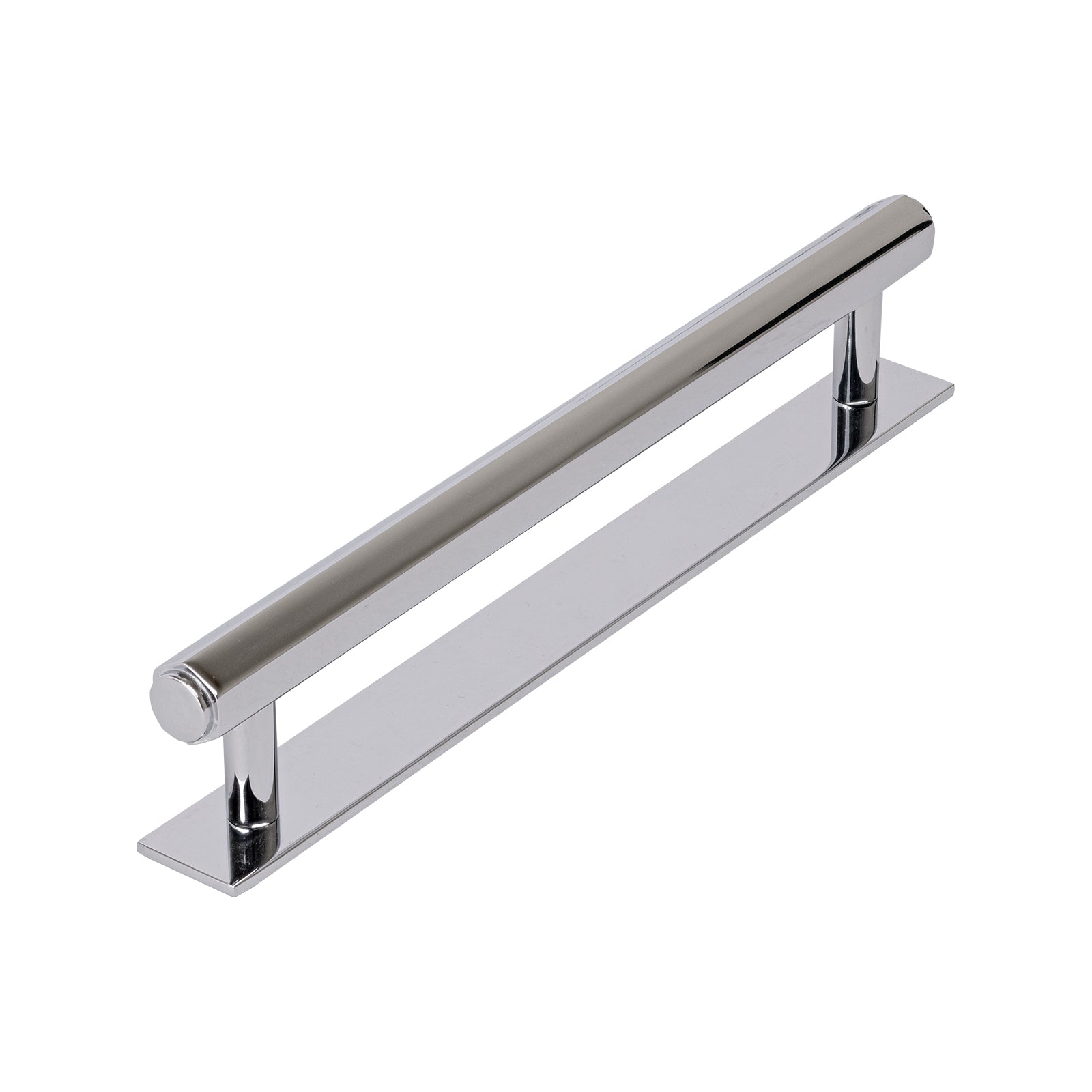 chrome pull handle on backplate, hexagonal pull, large pull handle