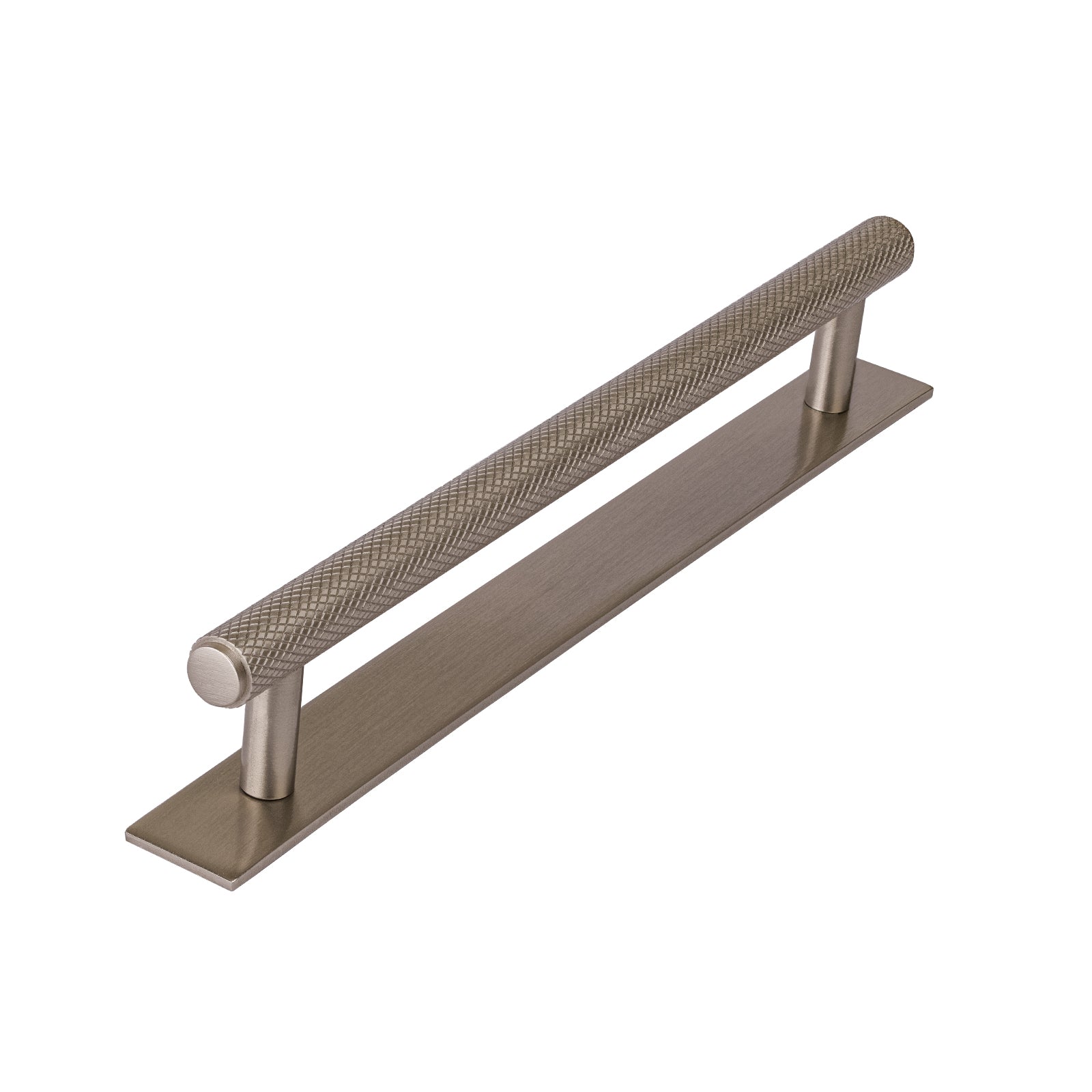 satin nickel cupboard handles, large knurled pull handle, kitchen pull handles on backplate