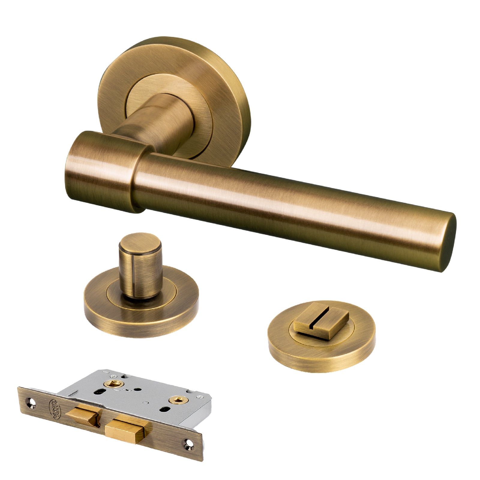 aged brass door handle on round rose bathroom lock latch set