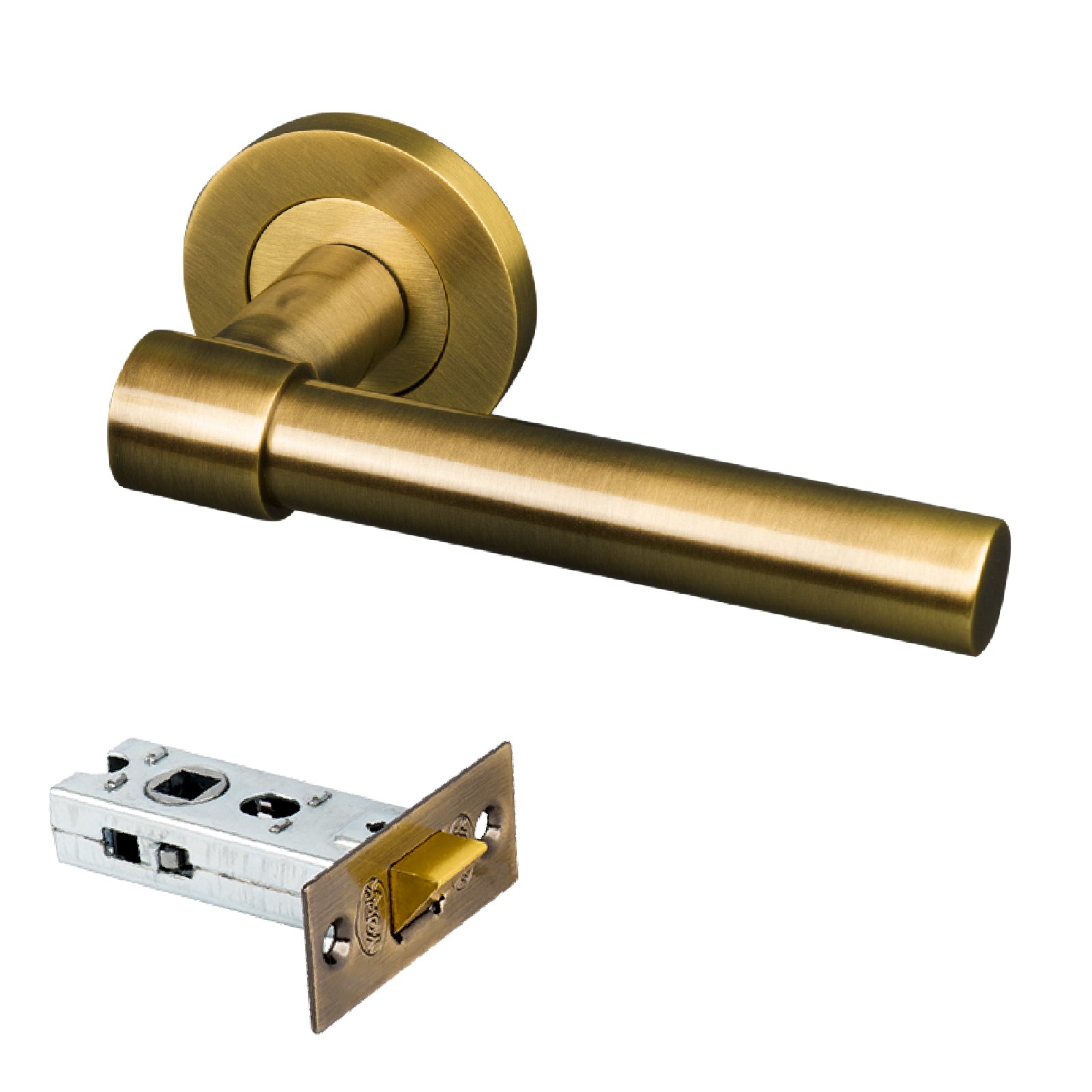 aged brass door handle on round rose 2.5 inch latch set